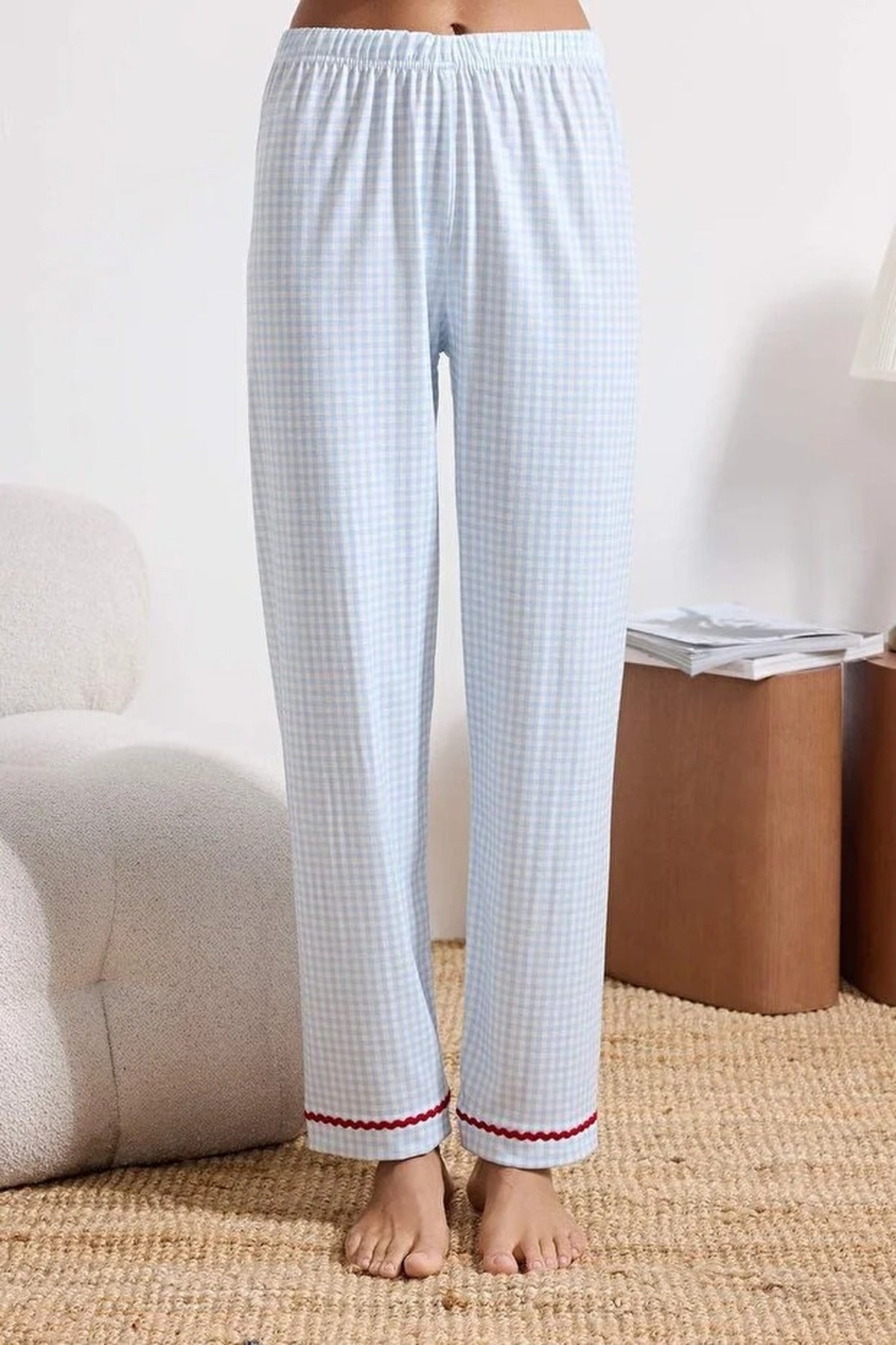 3-Piece Plaid Cherry Stripe Detail Knitted Pajama Set