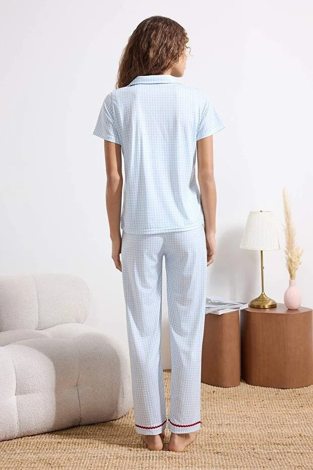 3-Piece Plaid Cherry Stripe Detail Knitted Pajama Set