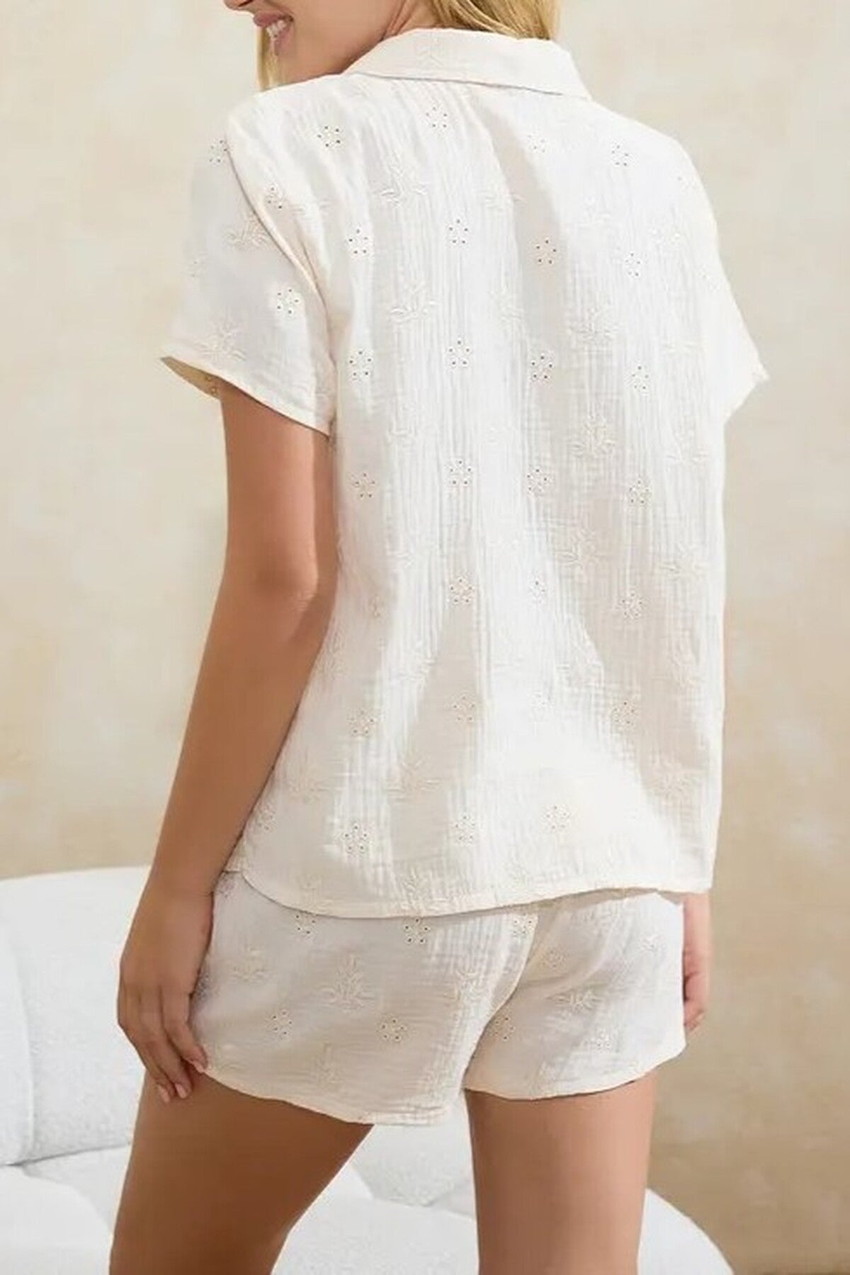 2-Piece 100% Cotton Floral Embroidered Woven Pajama Set with Shorts