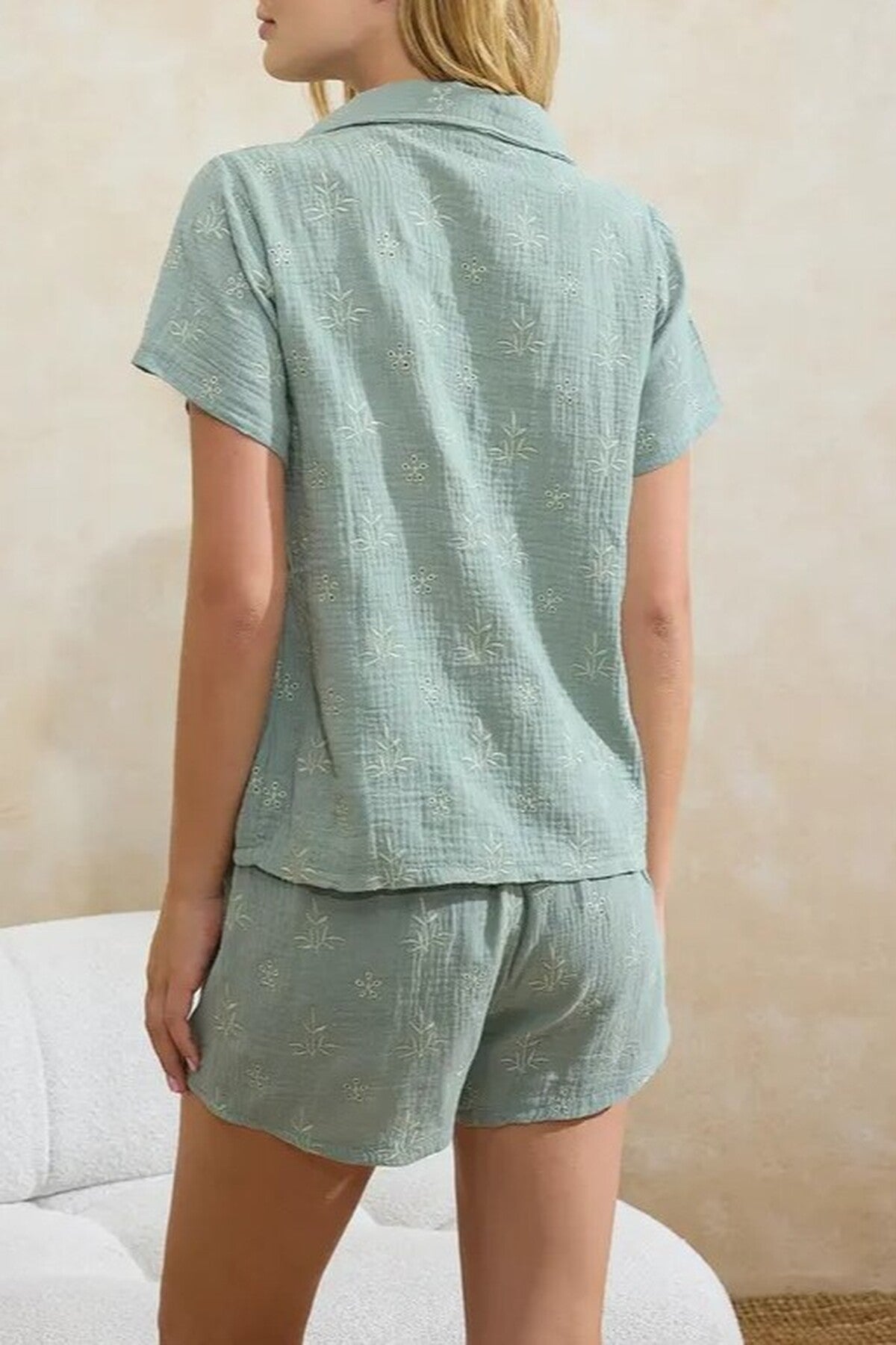 2-Piece 100% Cotton Floral Embroidered Woven Pajama Set with Shorts