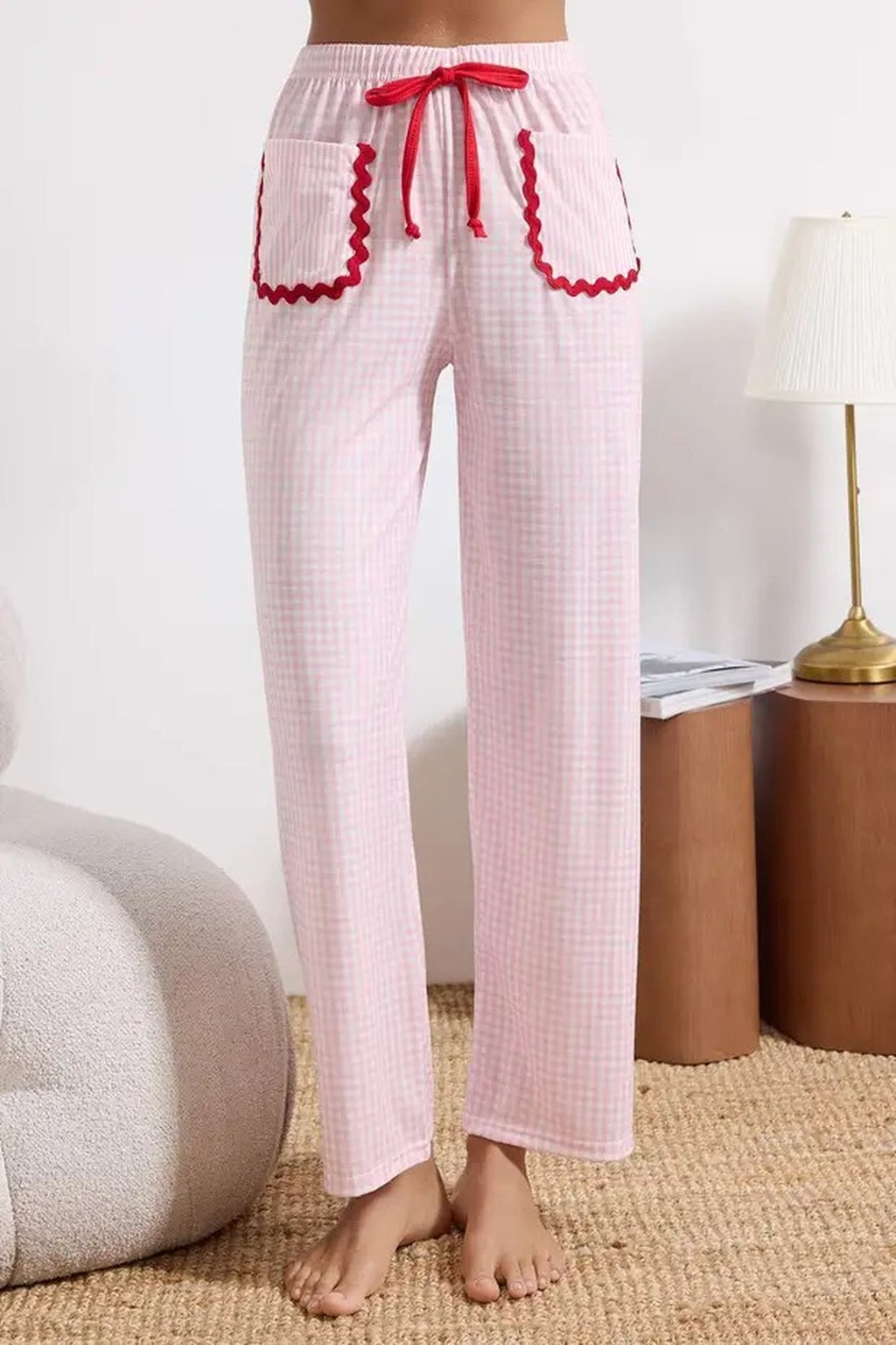 2-Piece Plaid Heart Stripe Detail Knitted Pajama Set
