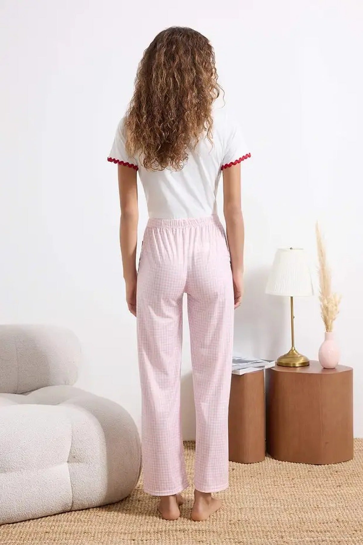 2-Piece Plaid Heart Stripe Detail Knitted Pajama Set