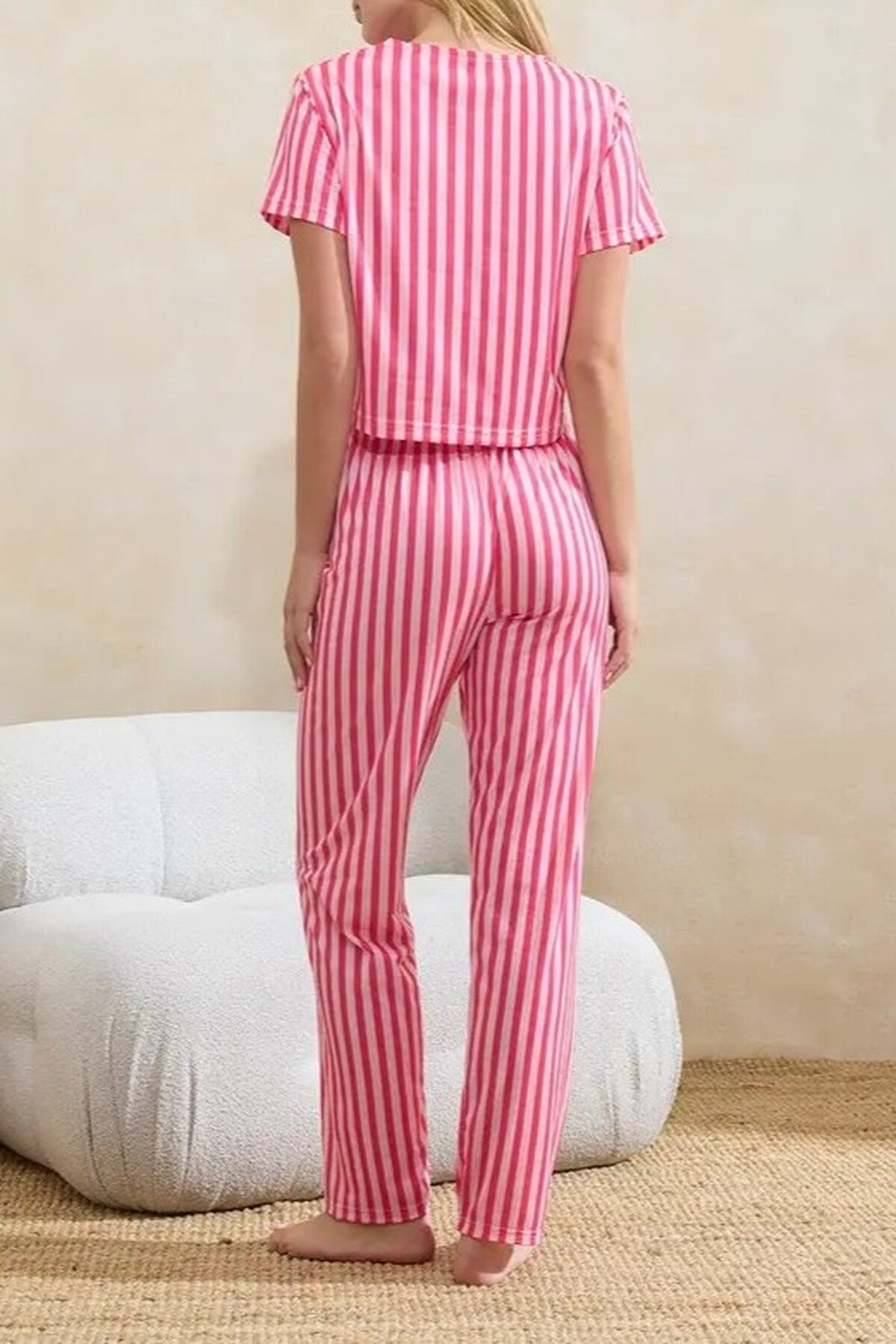 3-Piece Striped Ribbon Detail Knitted Pajama Set