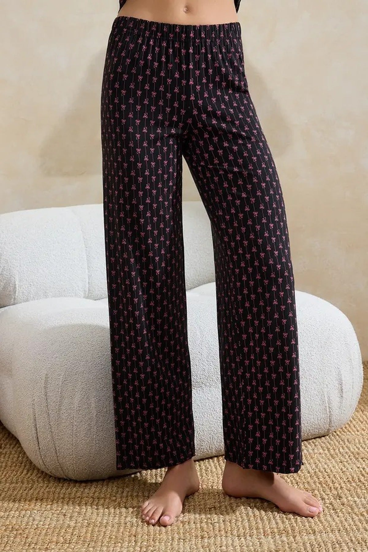 3-Piece Cotton Tie-Up Ribbon Patterned Knitted Pajama Set