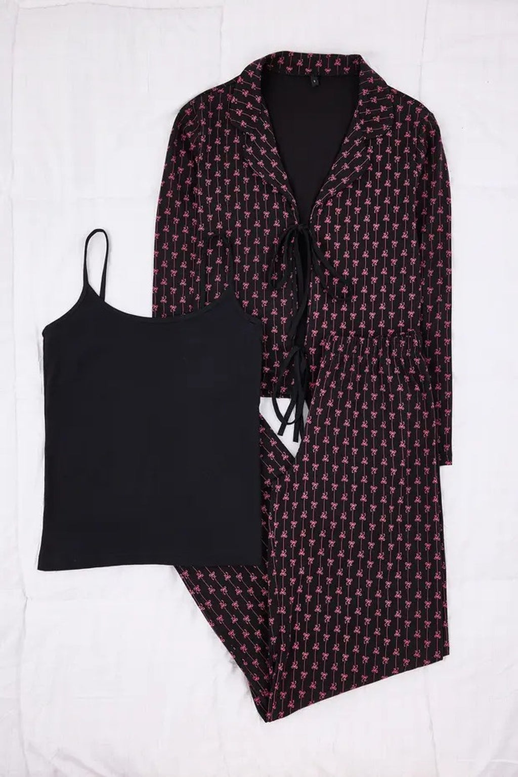 3-Piece Cotton Tie-Up Ribbon Patterned Knitted Pajama Set
