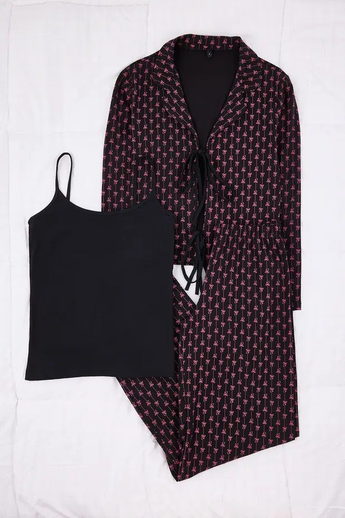 3-Piece Cotton Tie-Up Ribbon Patterned Knitted Pajama Set