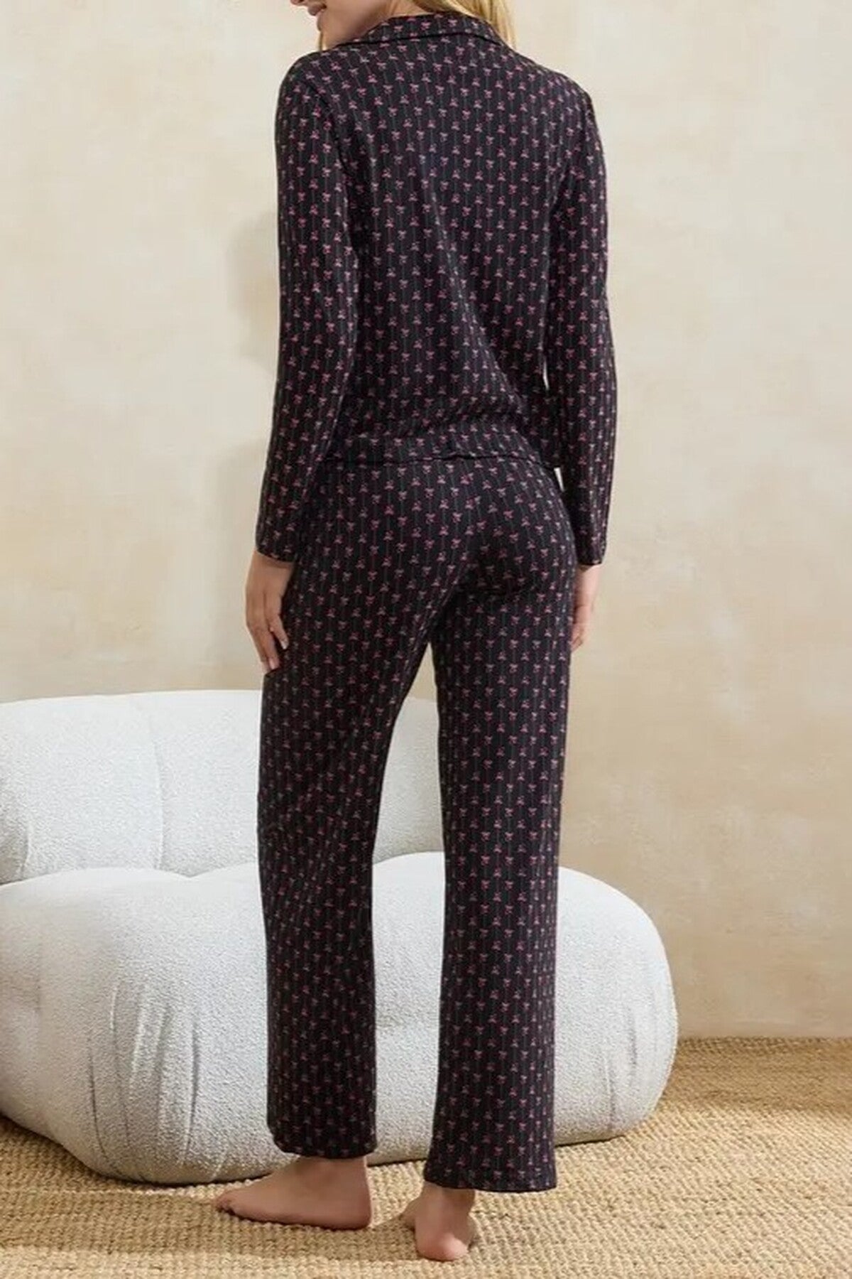3-Piece Cotton Tie-Up Ribbon Patterned Knitted Pajama Set
