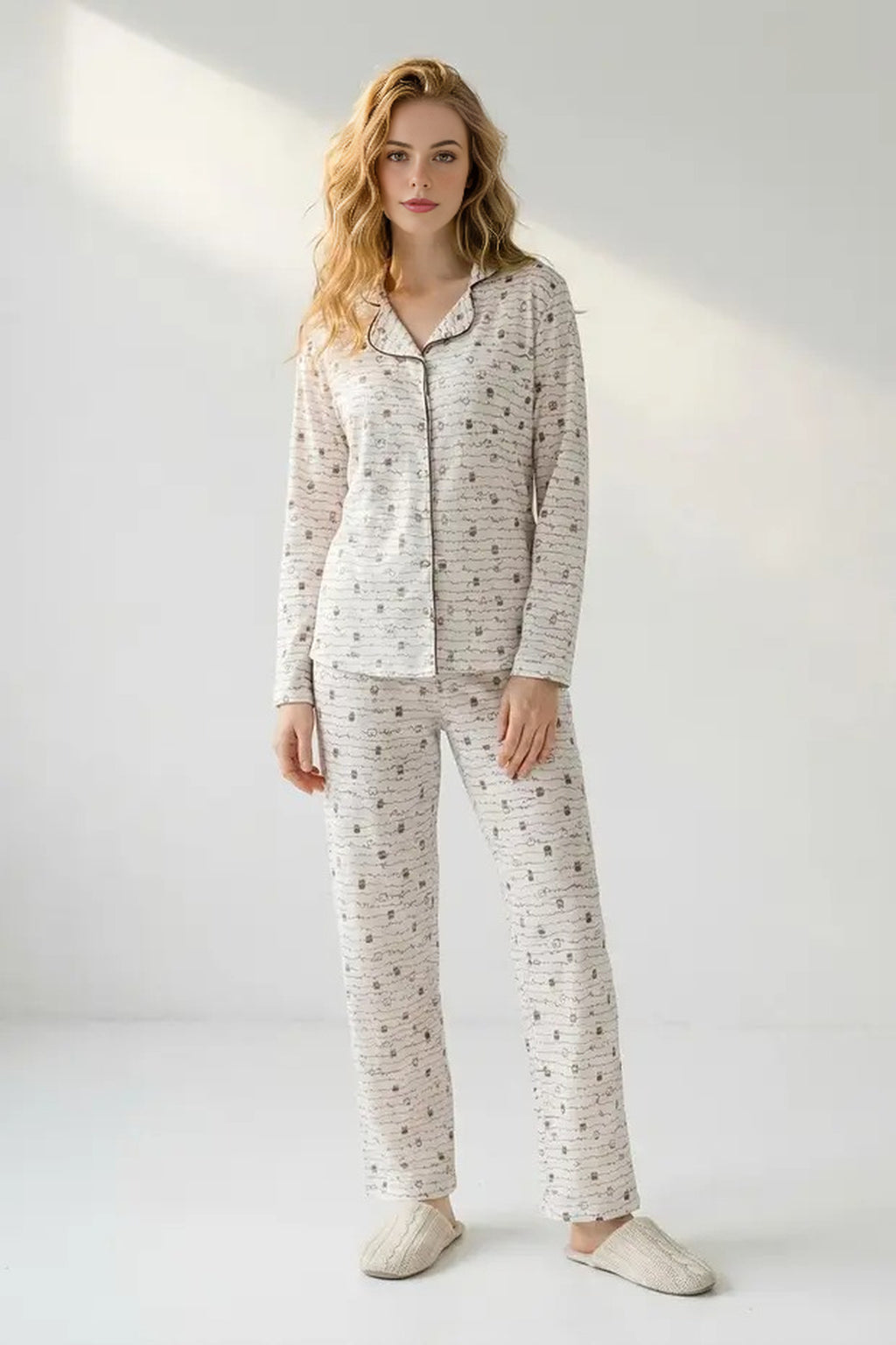 2-Piece Cotton Animal Trim Ribbed Pajama Set