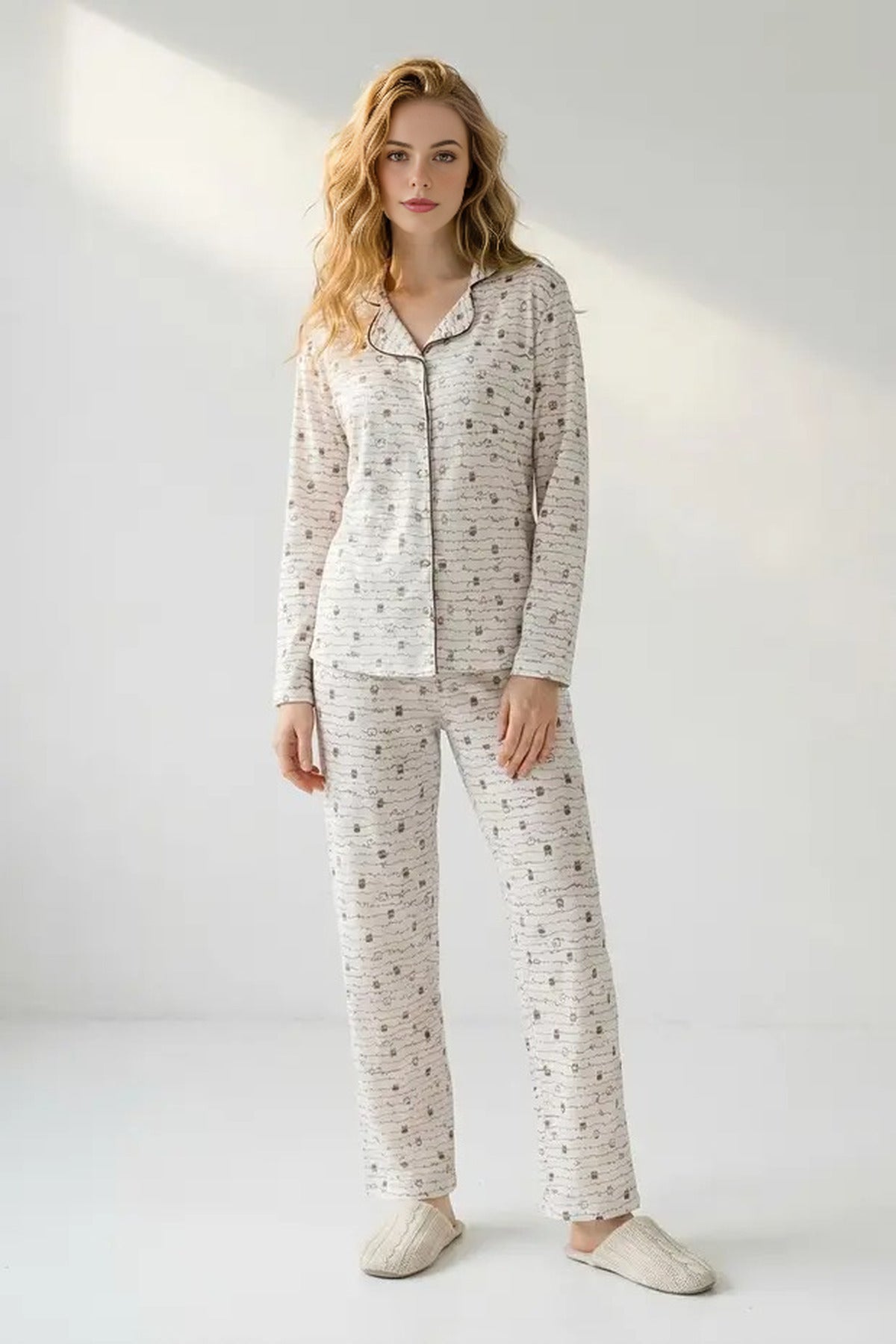 2-Piece Cotton Animal Trim Ribbed Pajama Set