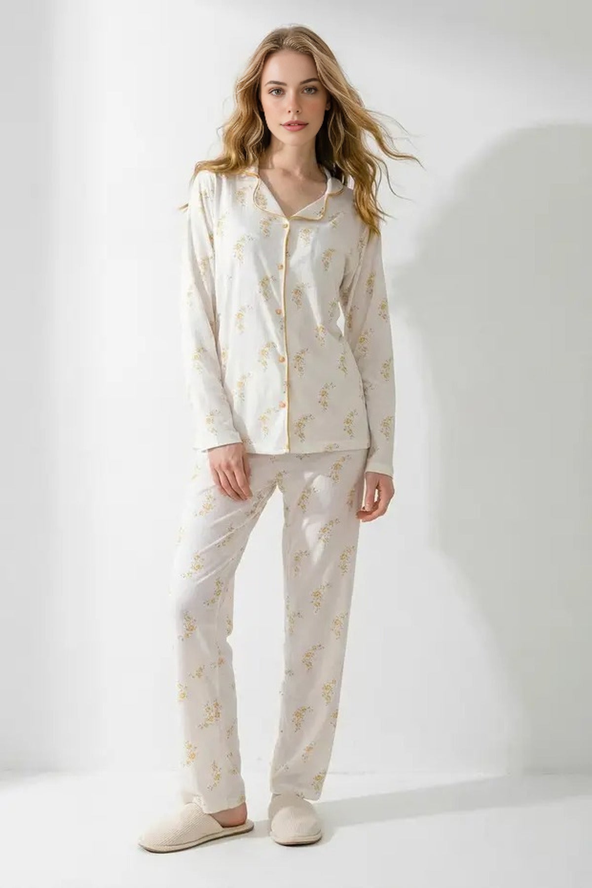 2-Piece Cotton Floral Trimmed Ribbed Pajama Set