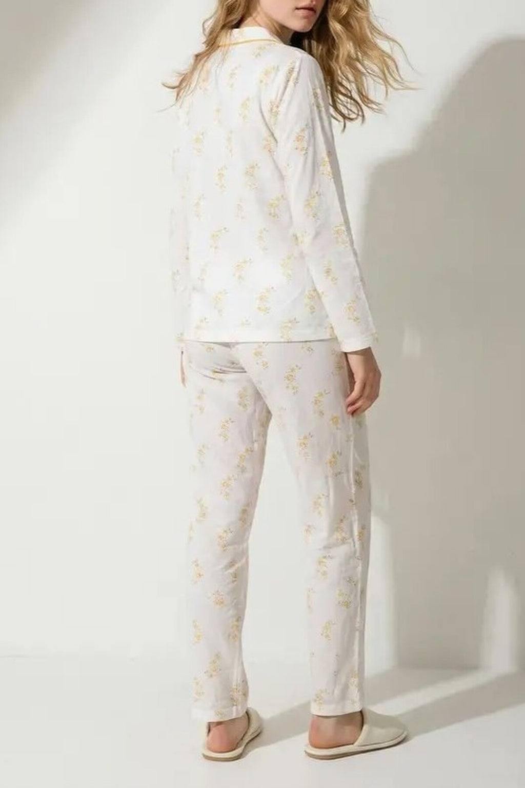 2-Piece Cotton Floral Trimmed Ribbed Pajama Set