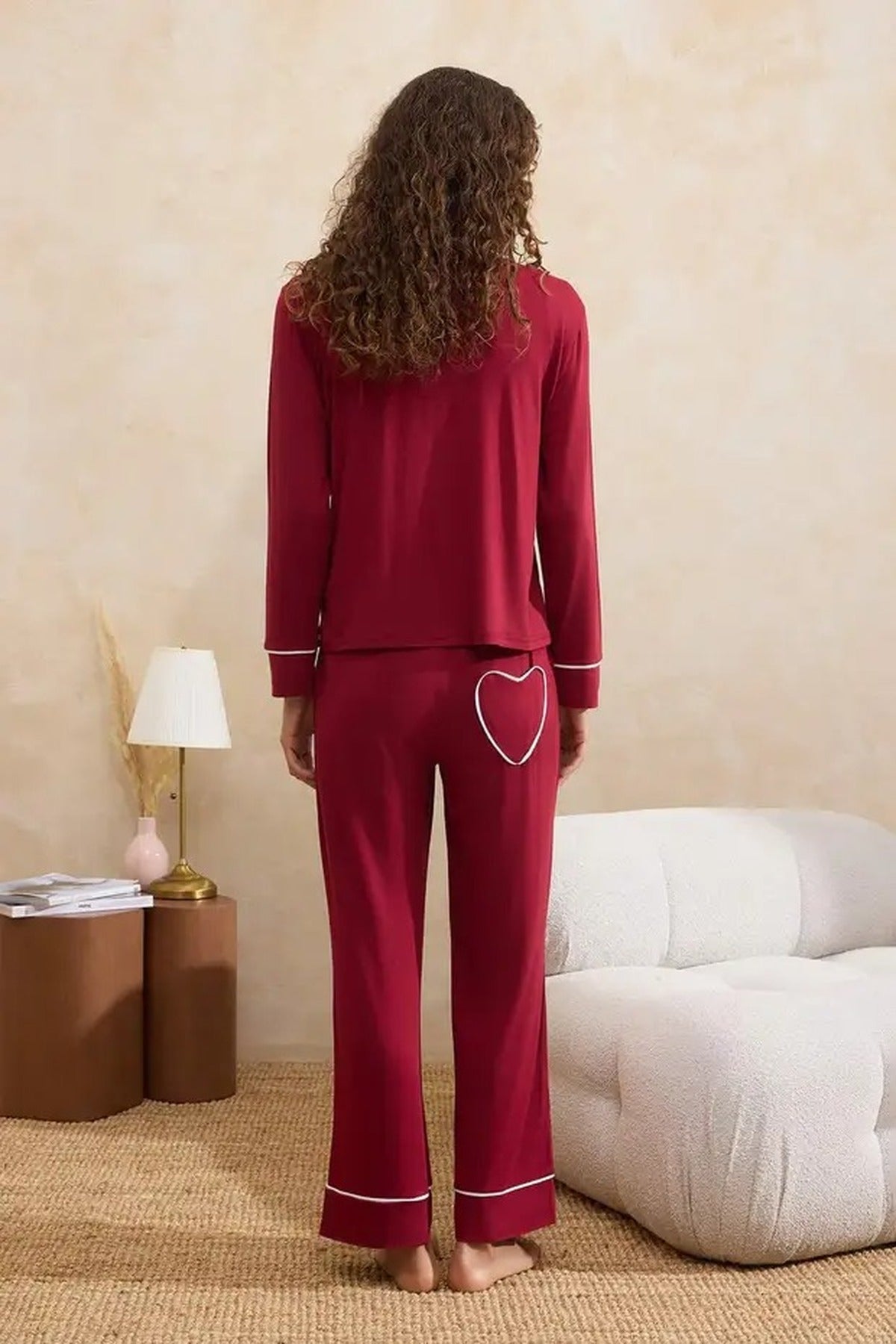 2-Piece Viscose Knit Pajama Set with Heart Detail and Piped Design