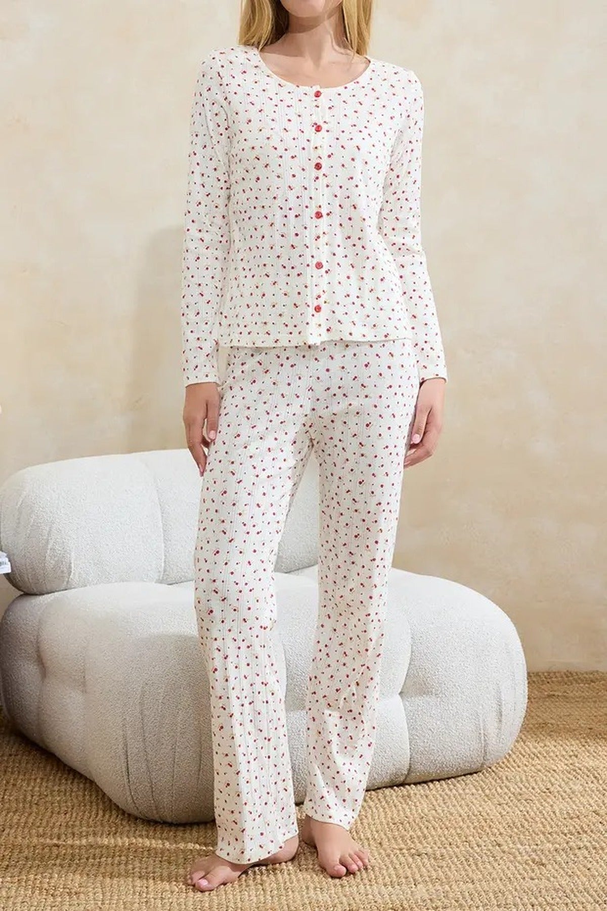 3-Piece 100% Cotton Floral Lace Ribbed Knit Pajama Set
