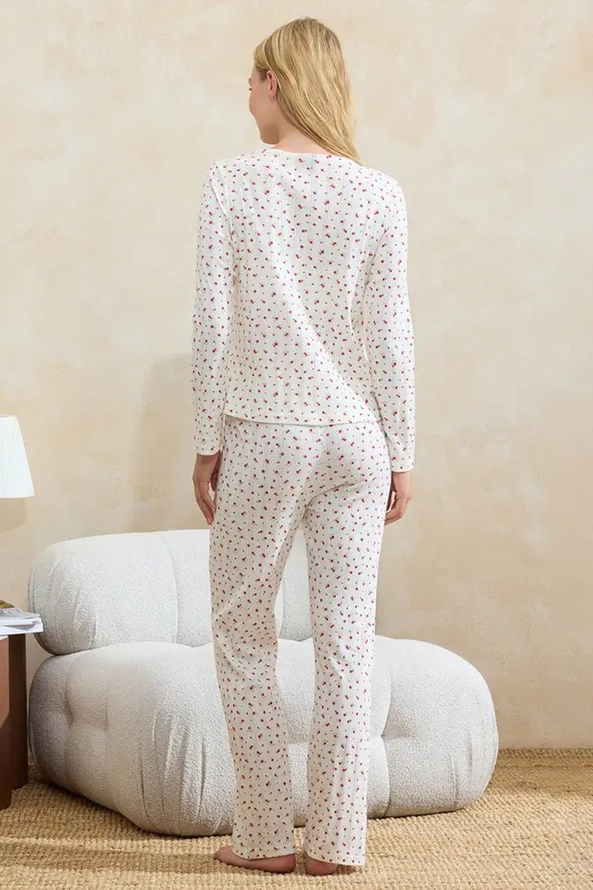 3-Piece 100% Cotton Floral Lace Ribbed Knit Pajama Set