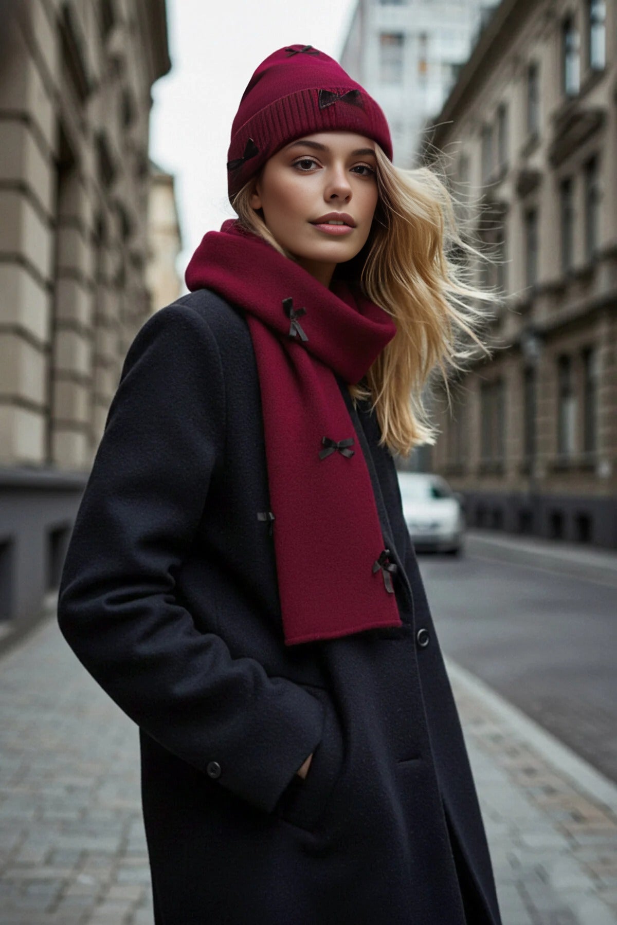 2-Piece Soft Textured Knit Scarf and Beanie Set with Ribbon Detail