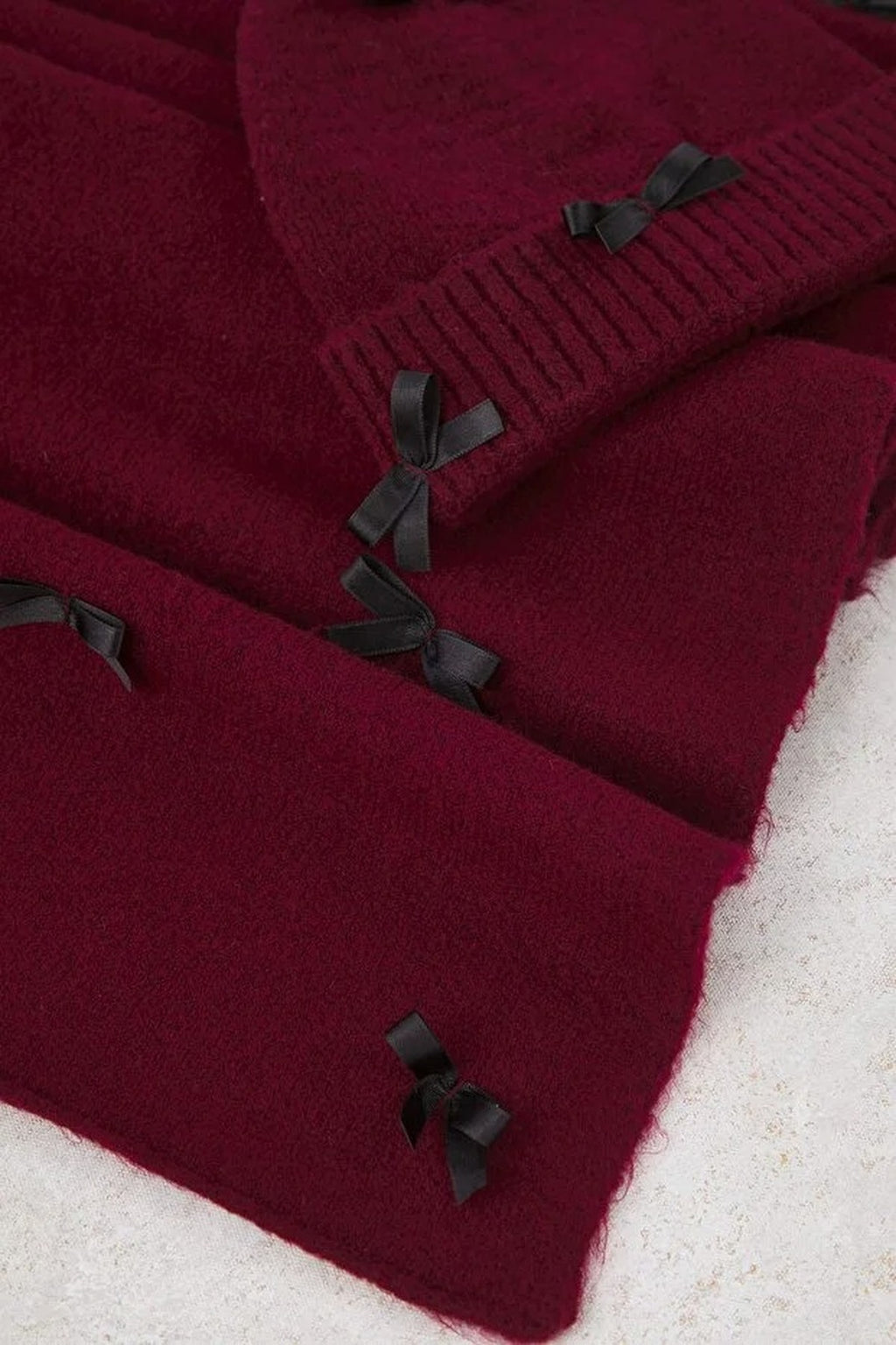 2-Piece Soft Textured Knit Scarf and Beanie Set with Ribbon Detail