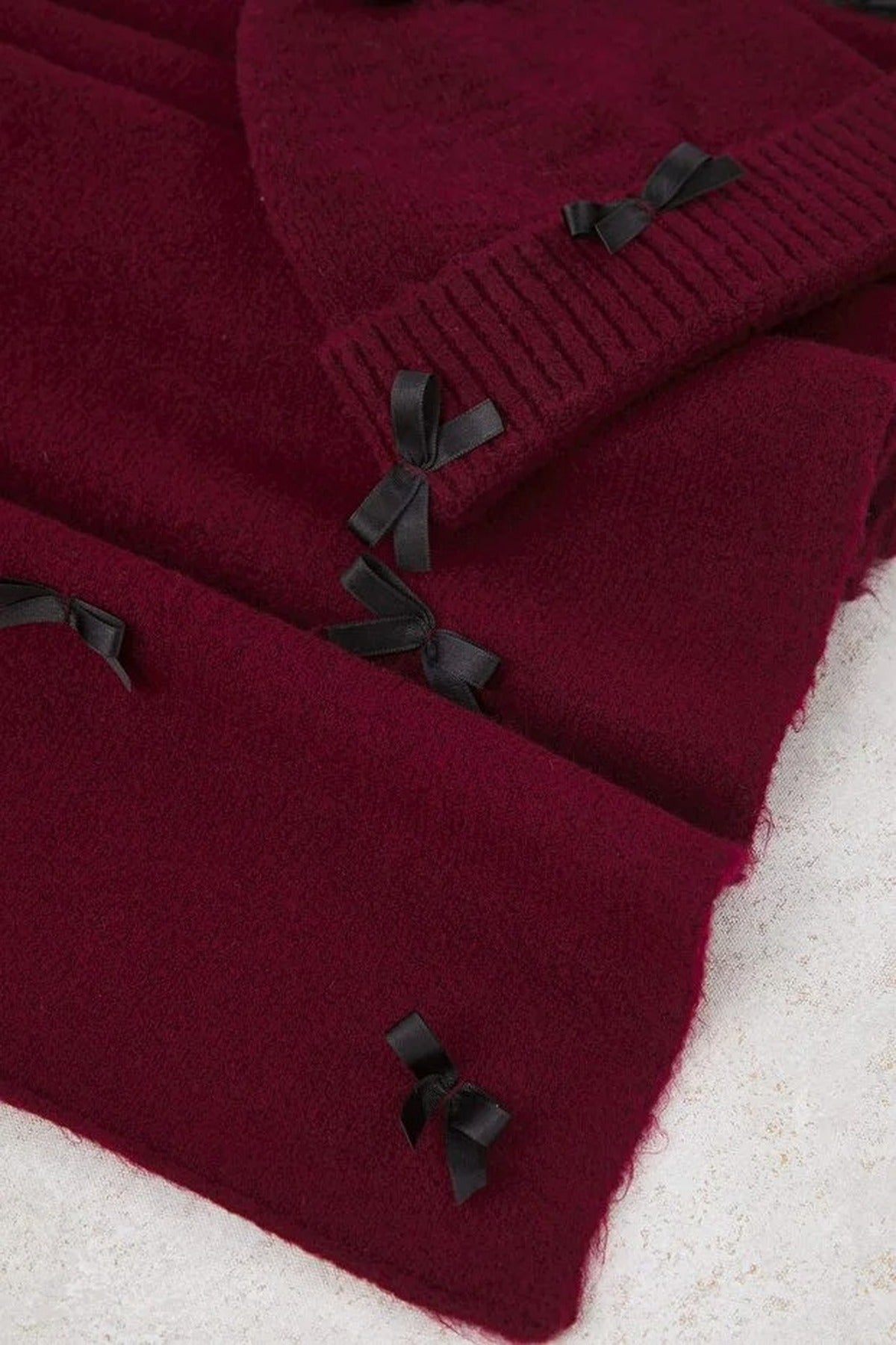 2-Piece Soft Textured Knit Scarf and Beanie Set with Ribbon Detail