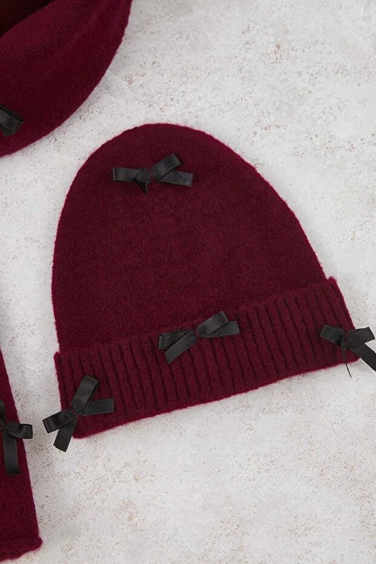 2-Piece Soft Textured Knit Scarf and Beanie Set with Ribbon Detail