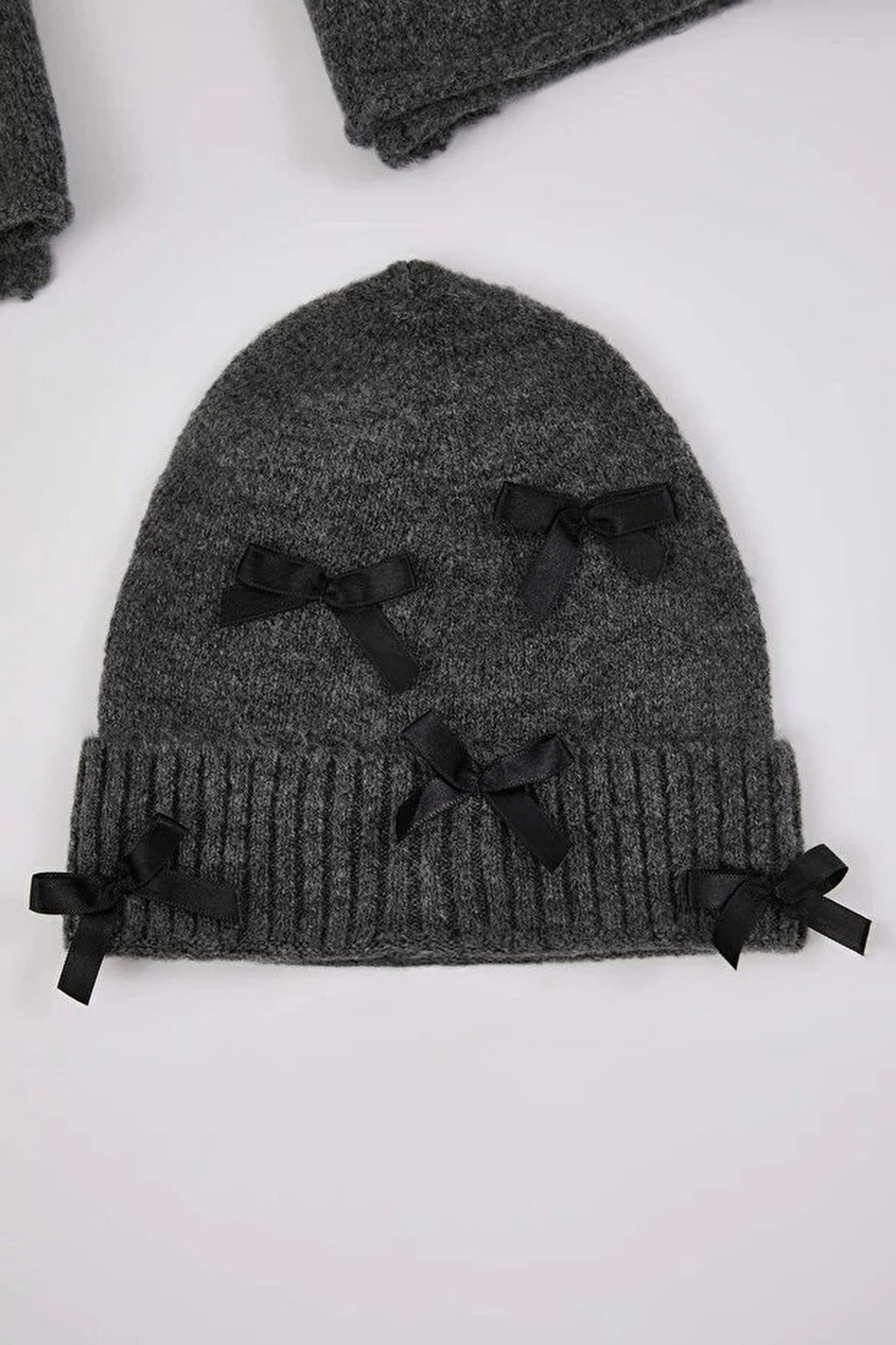 2-Piece Soft Textured Knit Scarf and Beanie Set with Ribbon Detail