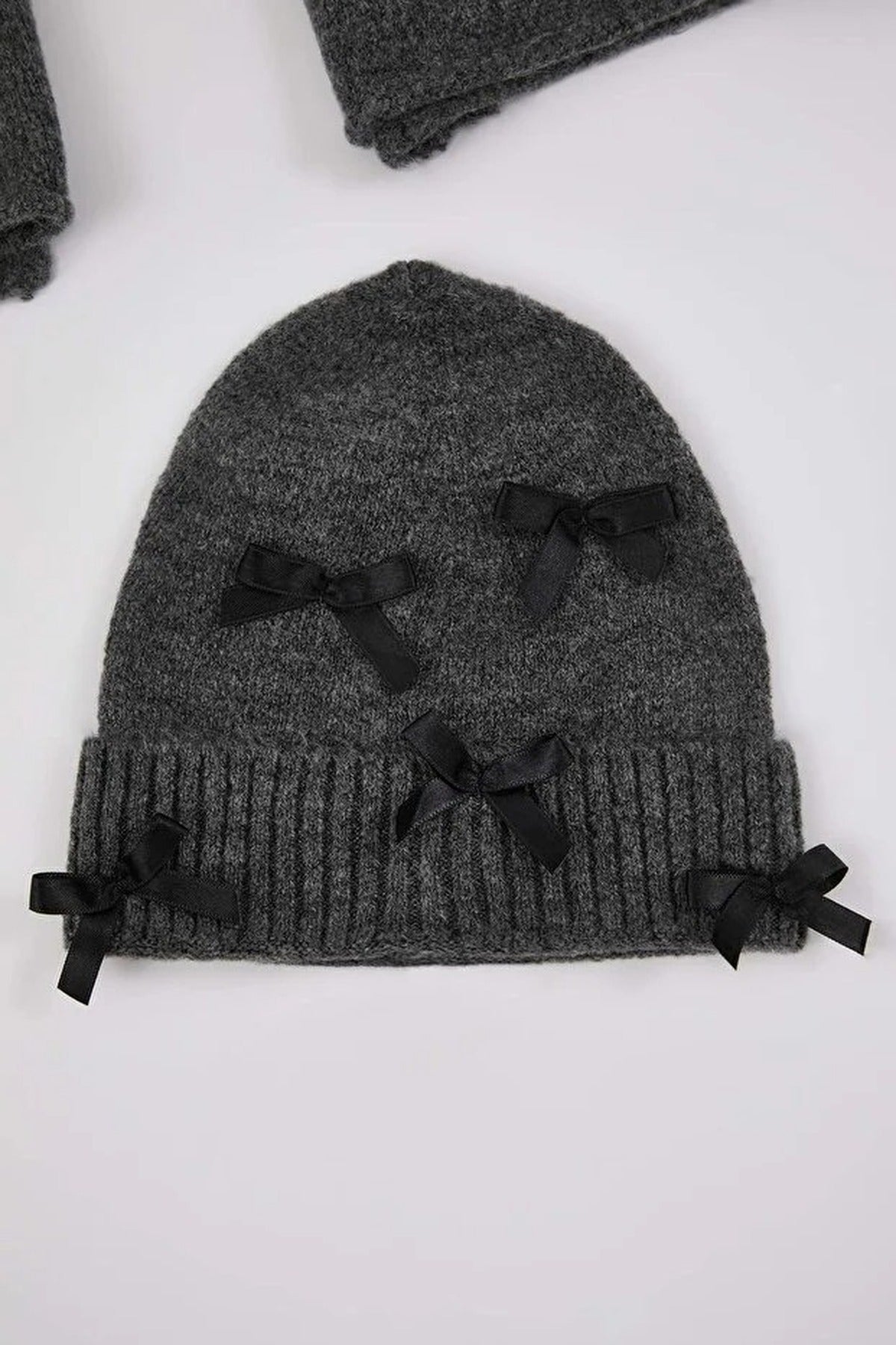 2-Piece Soft Textured Knit Scarf and Beanie Set with Ribbon Detail