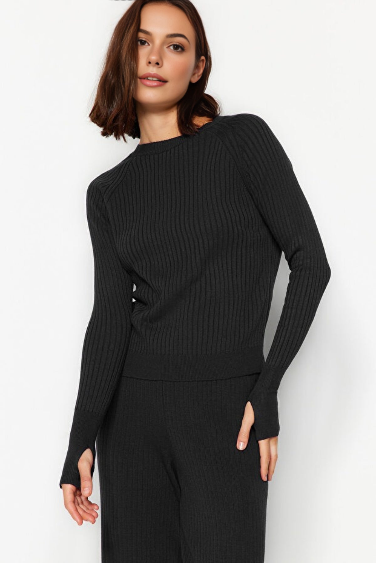 2-Piece Basic Knit Set with Finger Detail