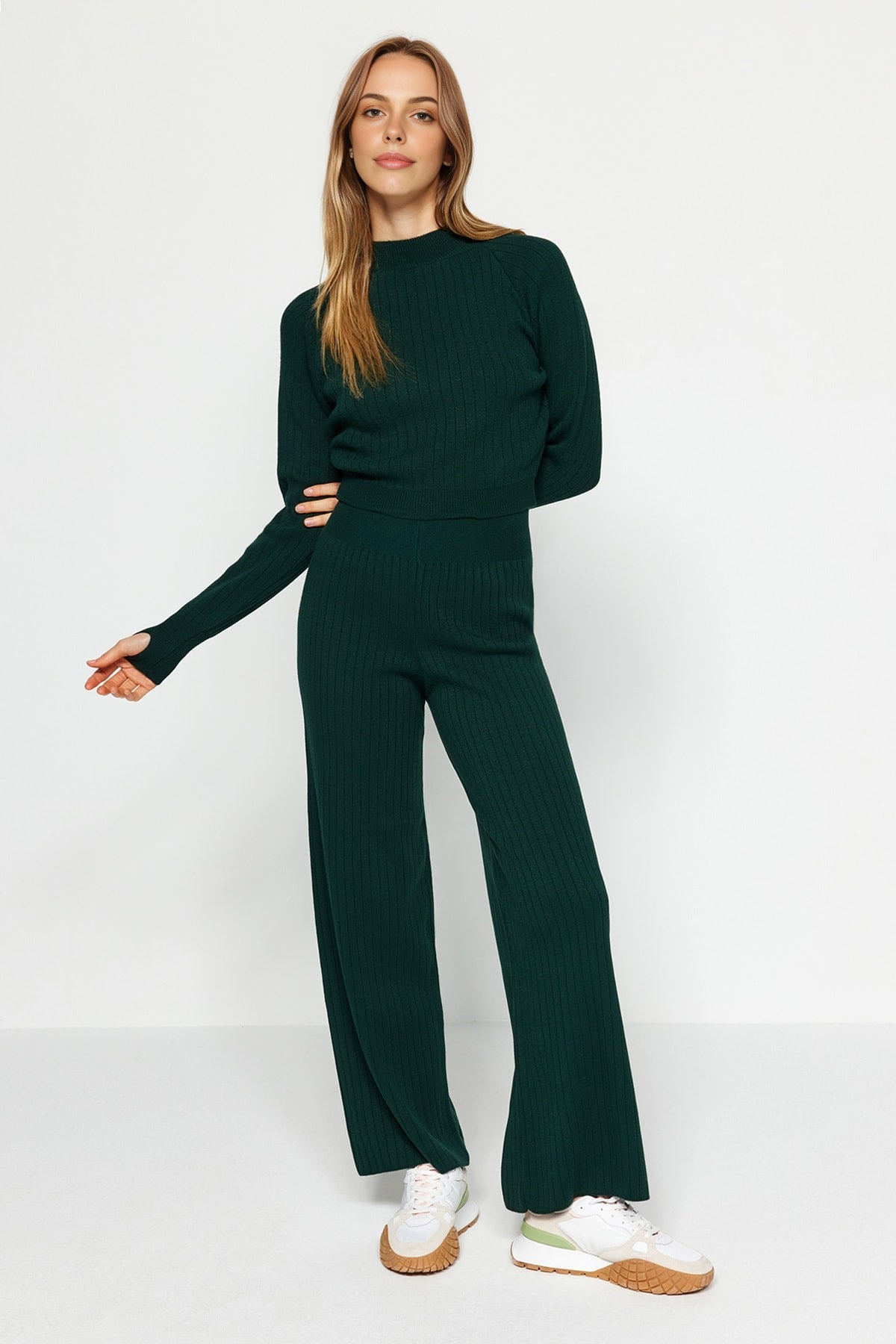 2-Piece Crop Knit Top & Pants Set with Finger Detail
