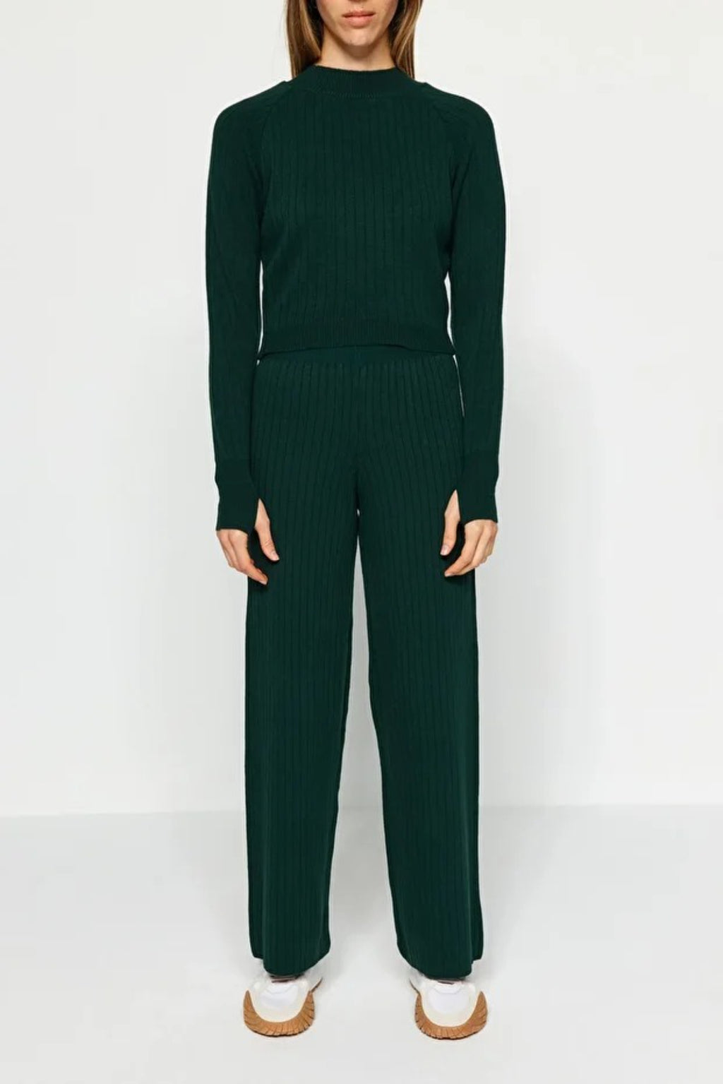 2-Piece Crop Knit Top & Pants Set with Finger Detail