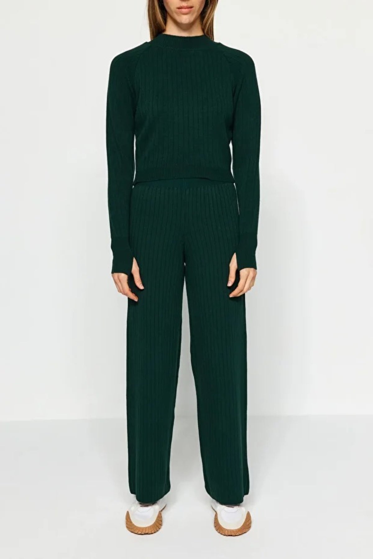 2-Piece Crop Knit Top & Pants Set with Finger Detail