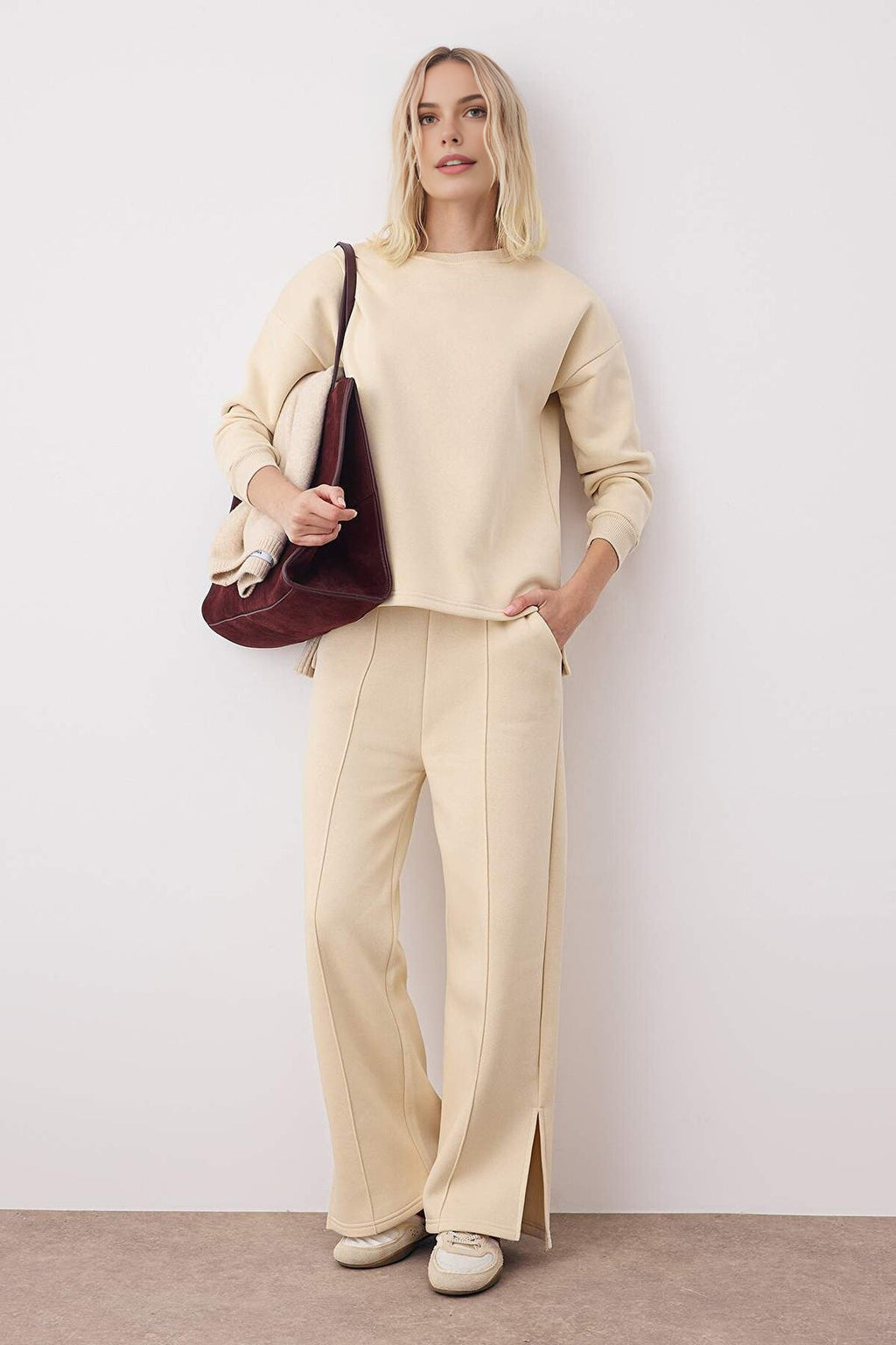 2-Piece Crew Neck Oversized Knit Top & Wide Leg Pants Set