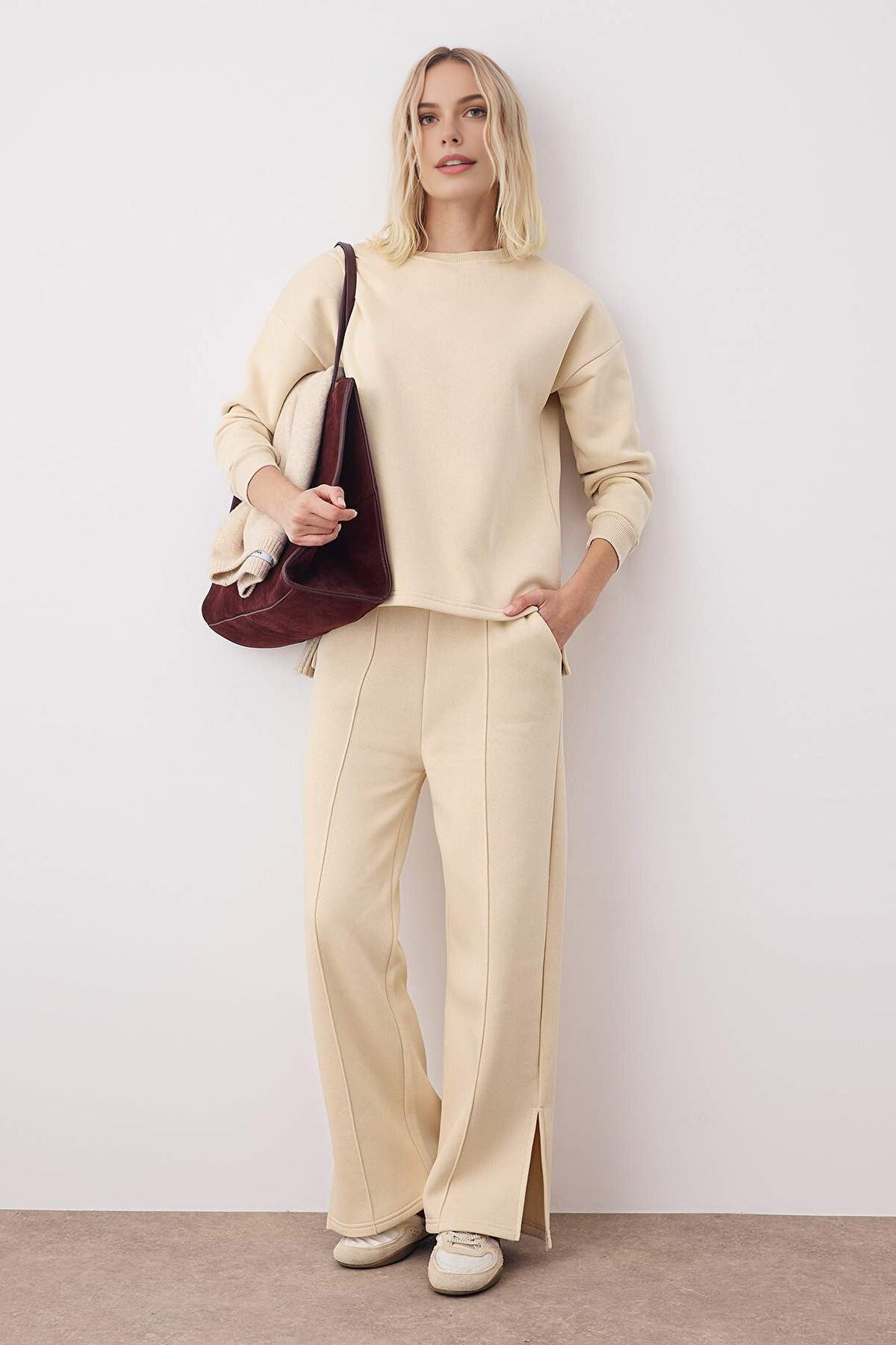 2-Piece Crew Neck Oversized Knit Top & Wide Leg Pants Set