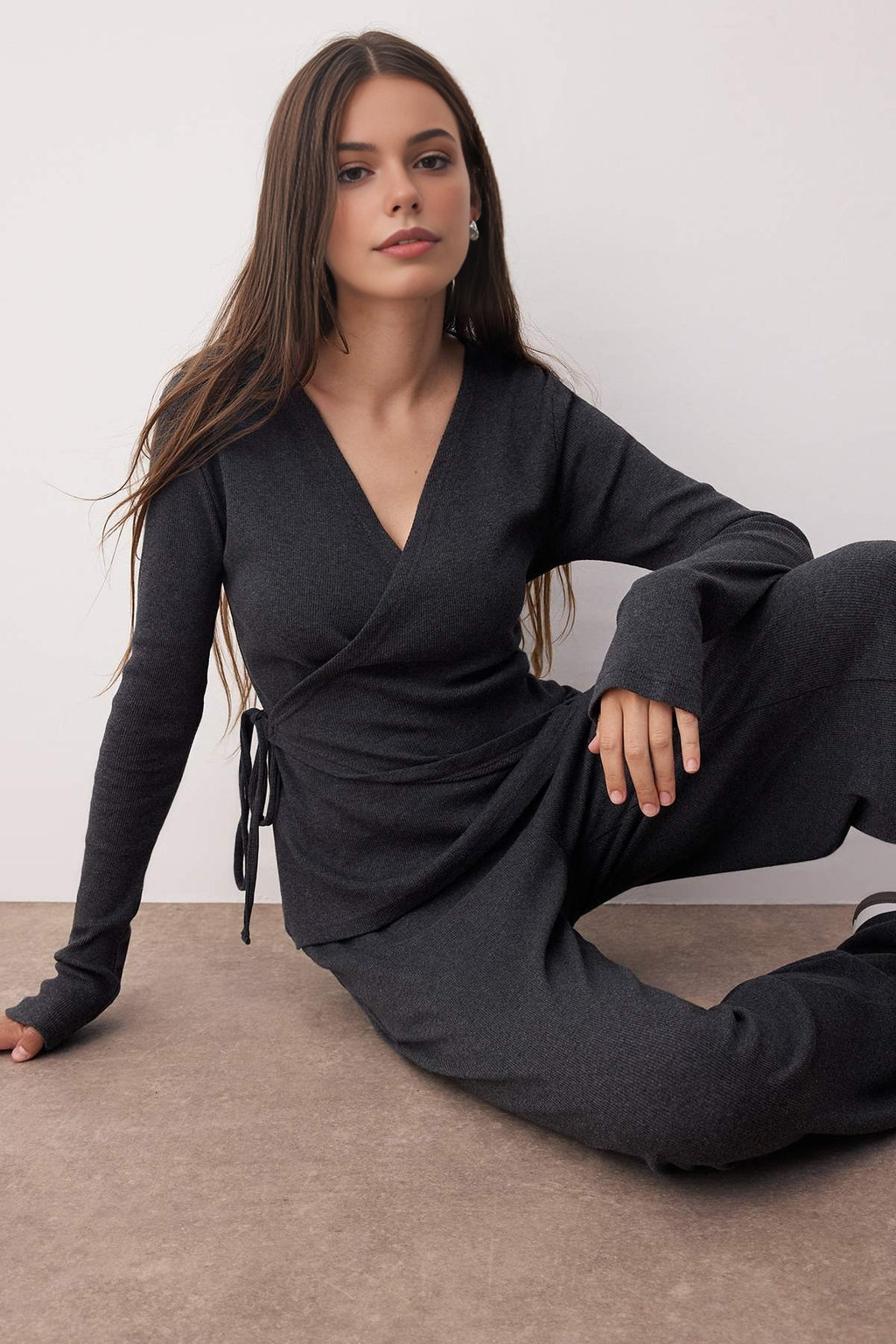 2-Piece Wrap Knit Top & Wide Leg Pants Set