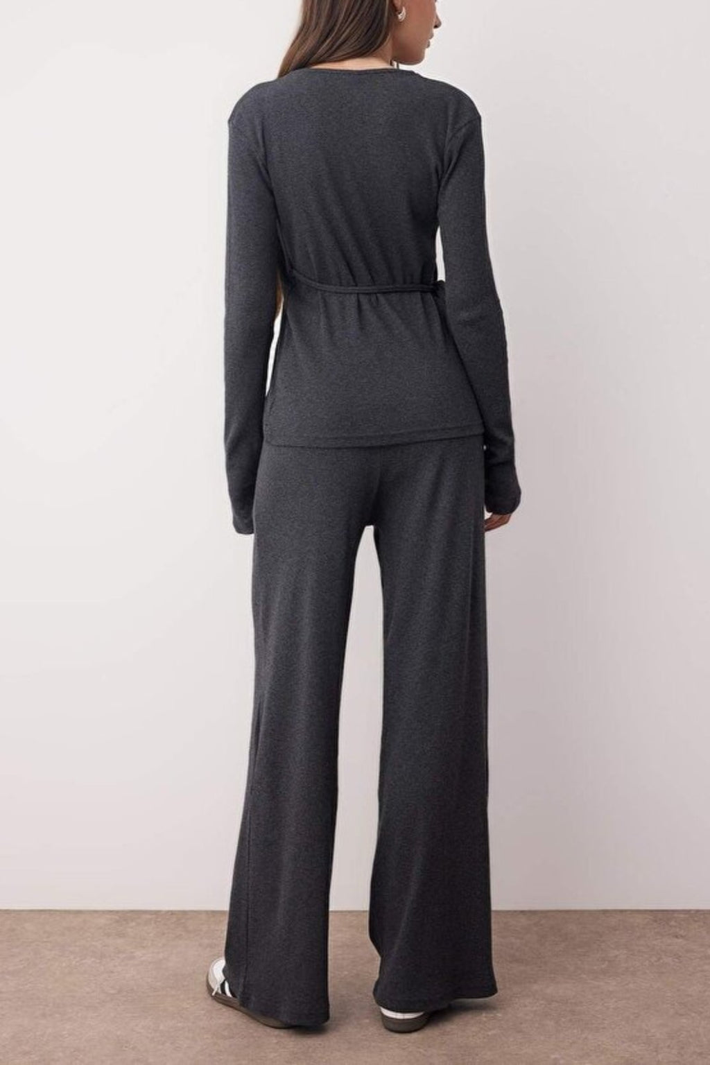 2-Piece Wrap Knit Top & Wide Leg Pants Set
