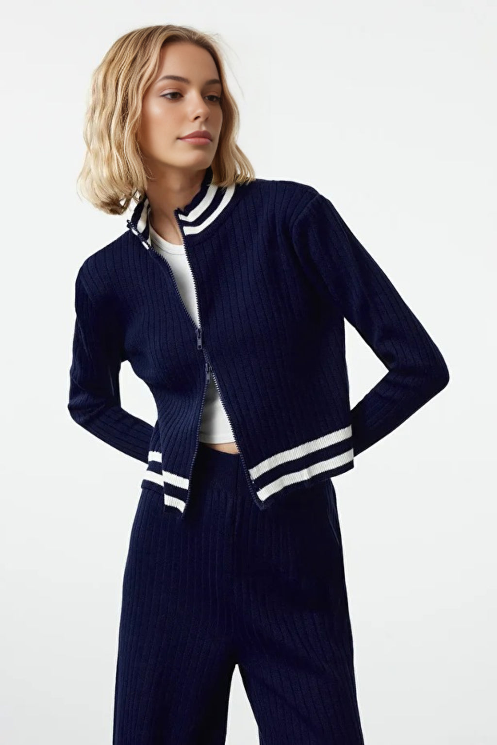 2-Piece Zip-Up Knit Top & Pants Set