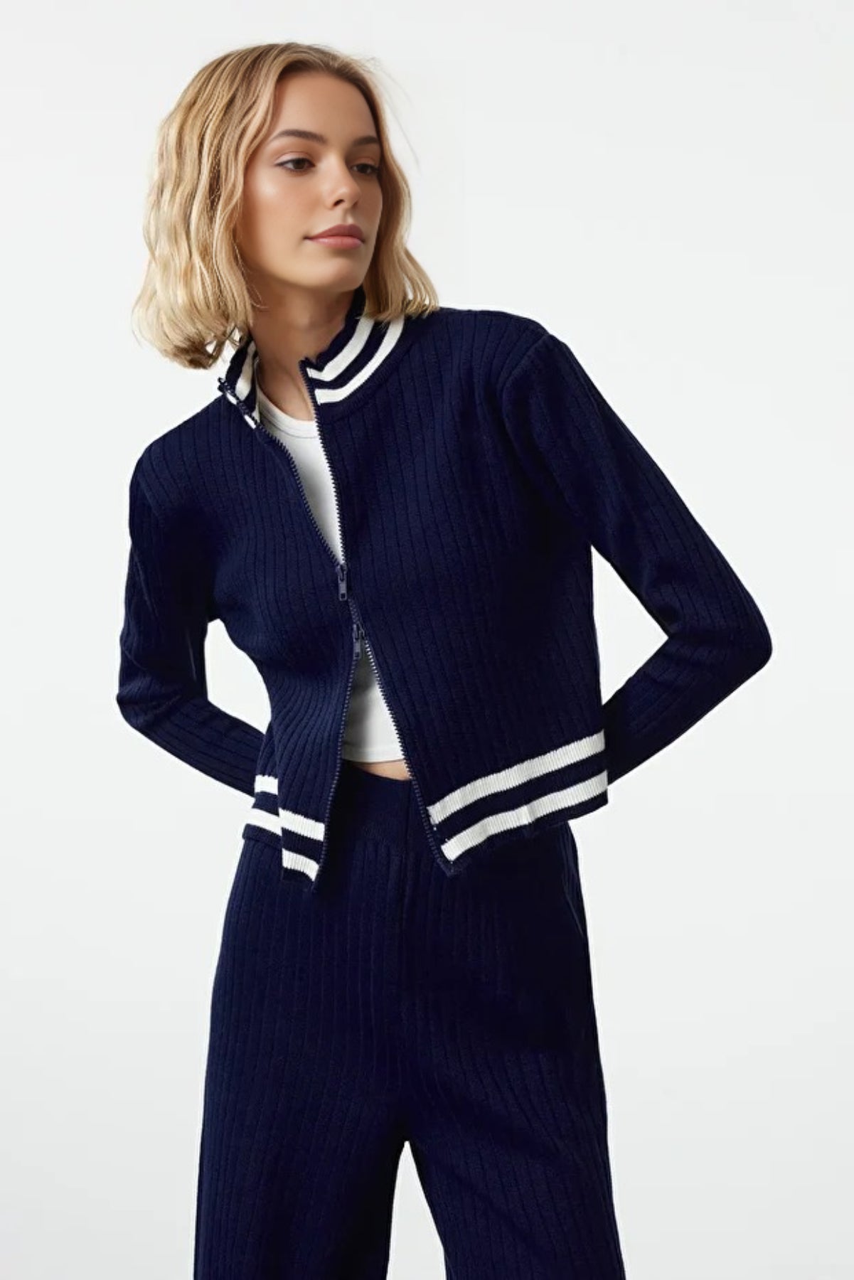 2-Piece Zip-Up Knit Top & Pants Set