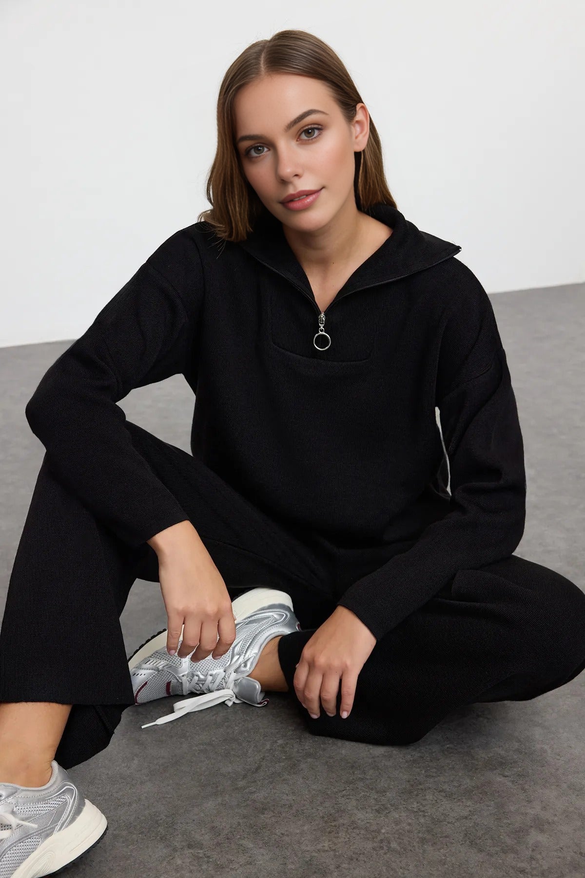 2-Piece Loose Fit Zip-Up Knit Top & Pants Set