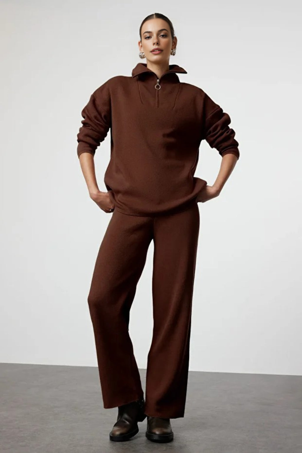 2-Piece Loose Fit Zip-Up Knit Top & Pants Set