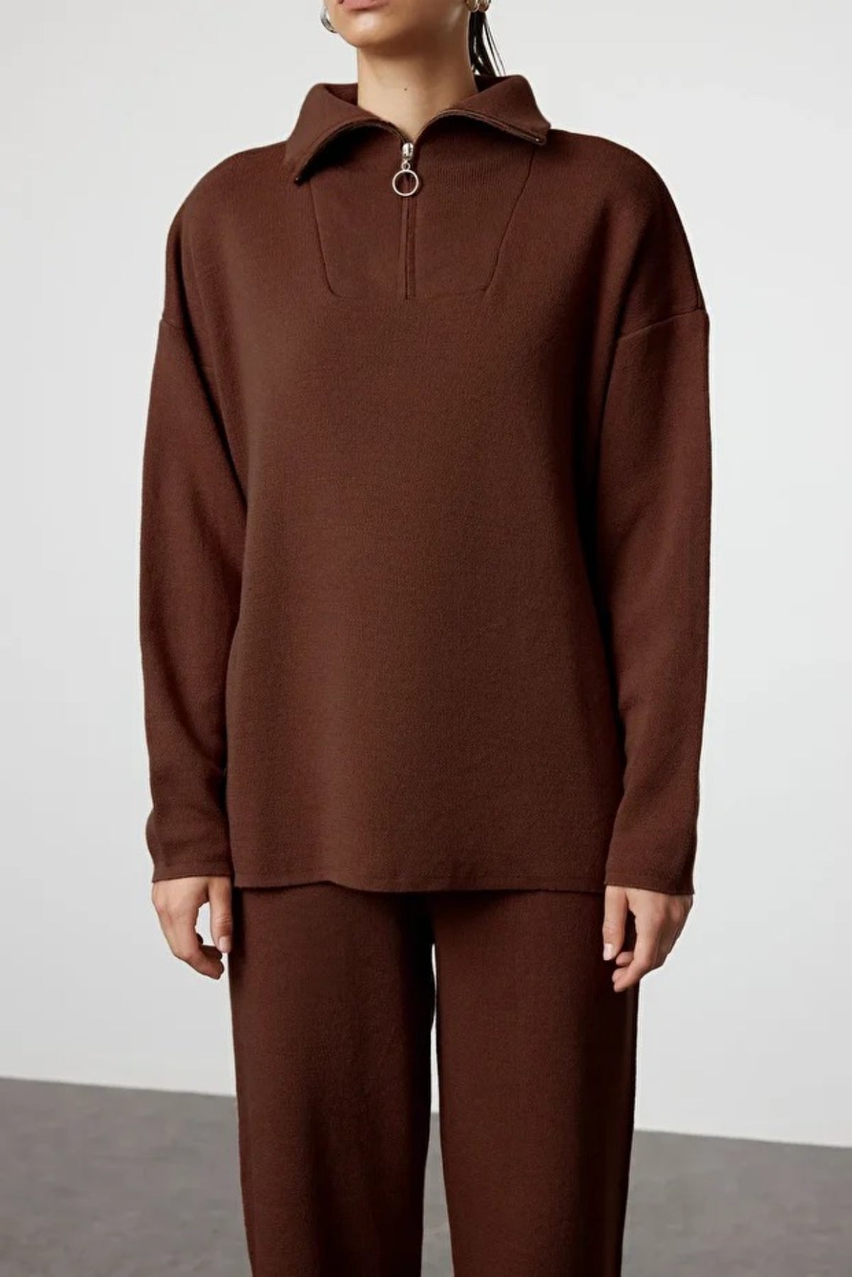 2-Piece Loose Fit Zip-Up Knit Top & Pants Set