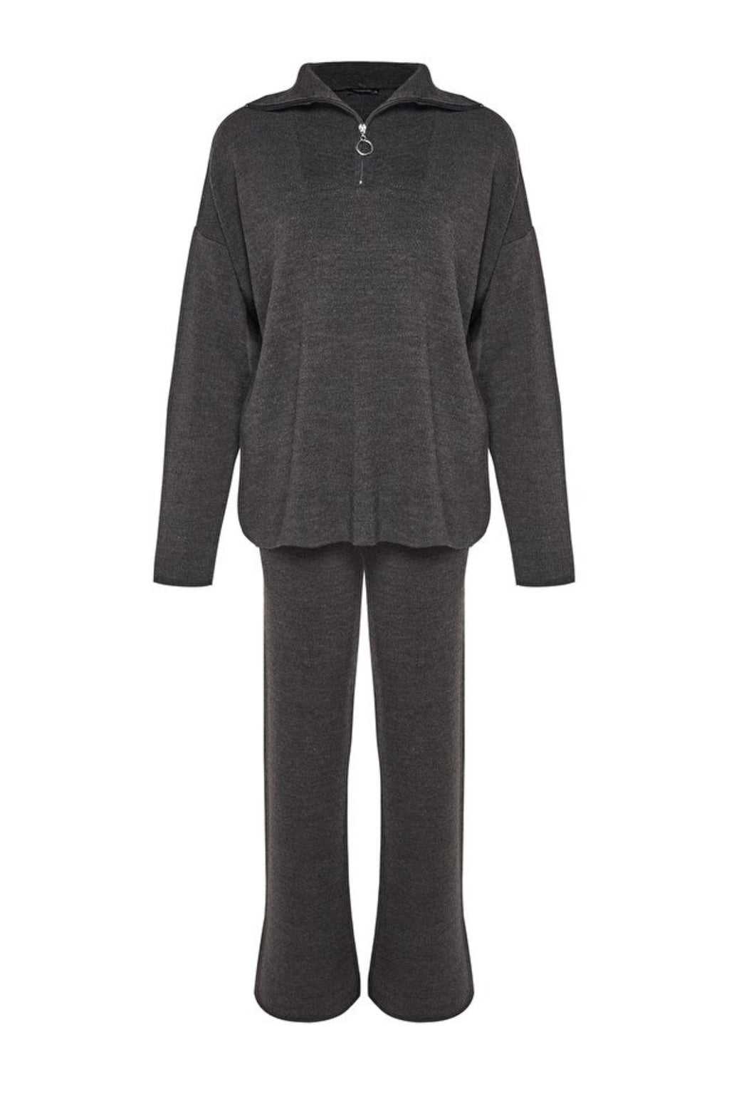 2-Piece Loose Fit Zip-Up Knit Top & Pants Set