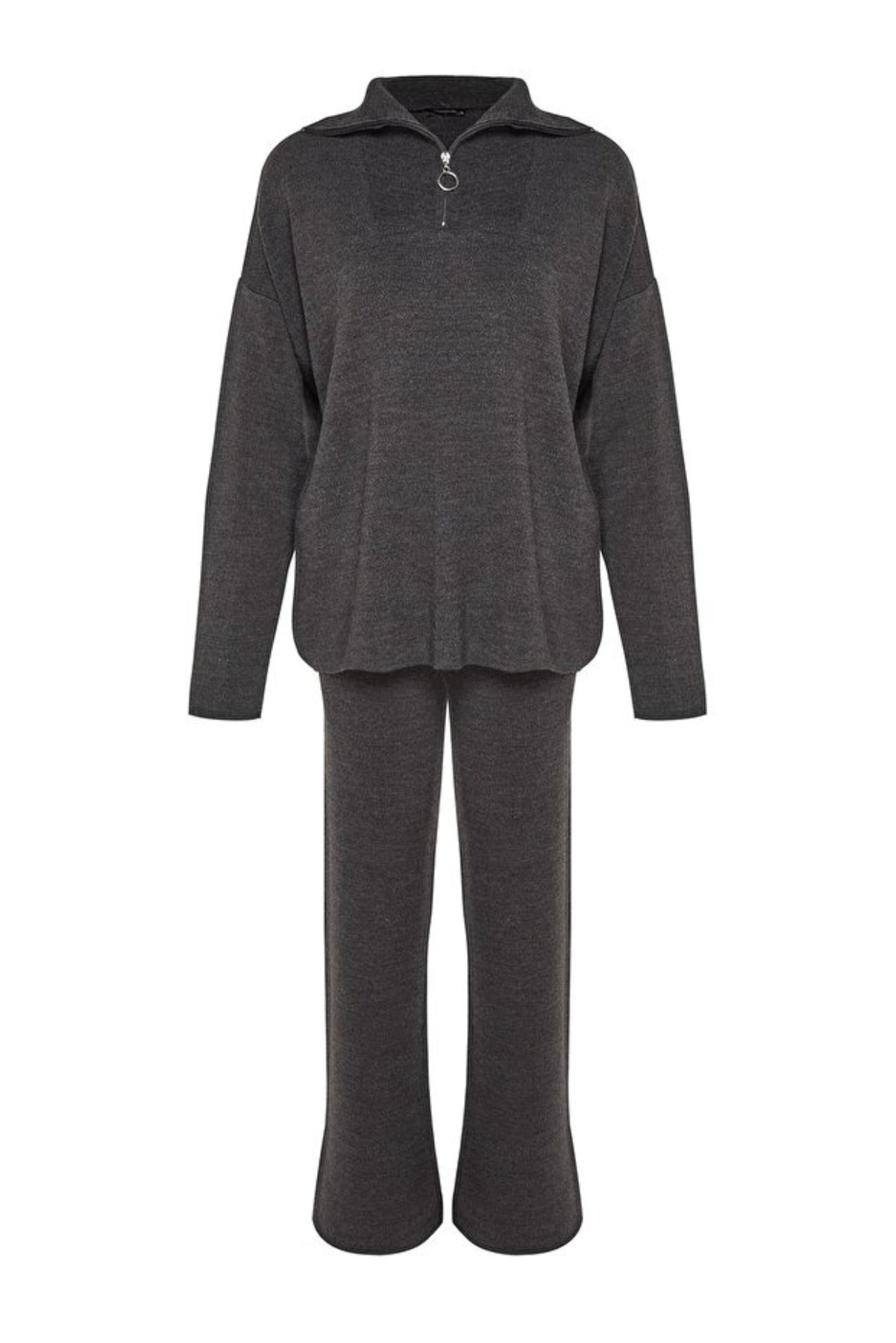 2-Piece Loose Fit Zip-Up Knit Top & Pants Set