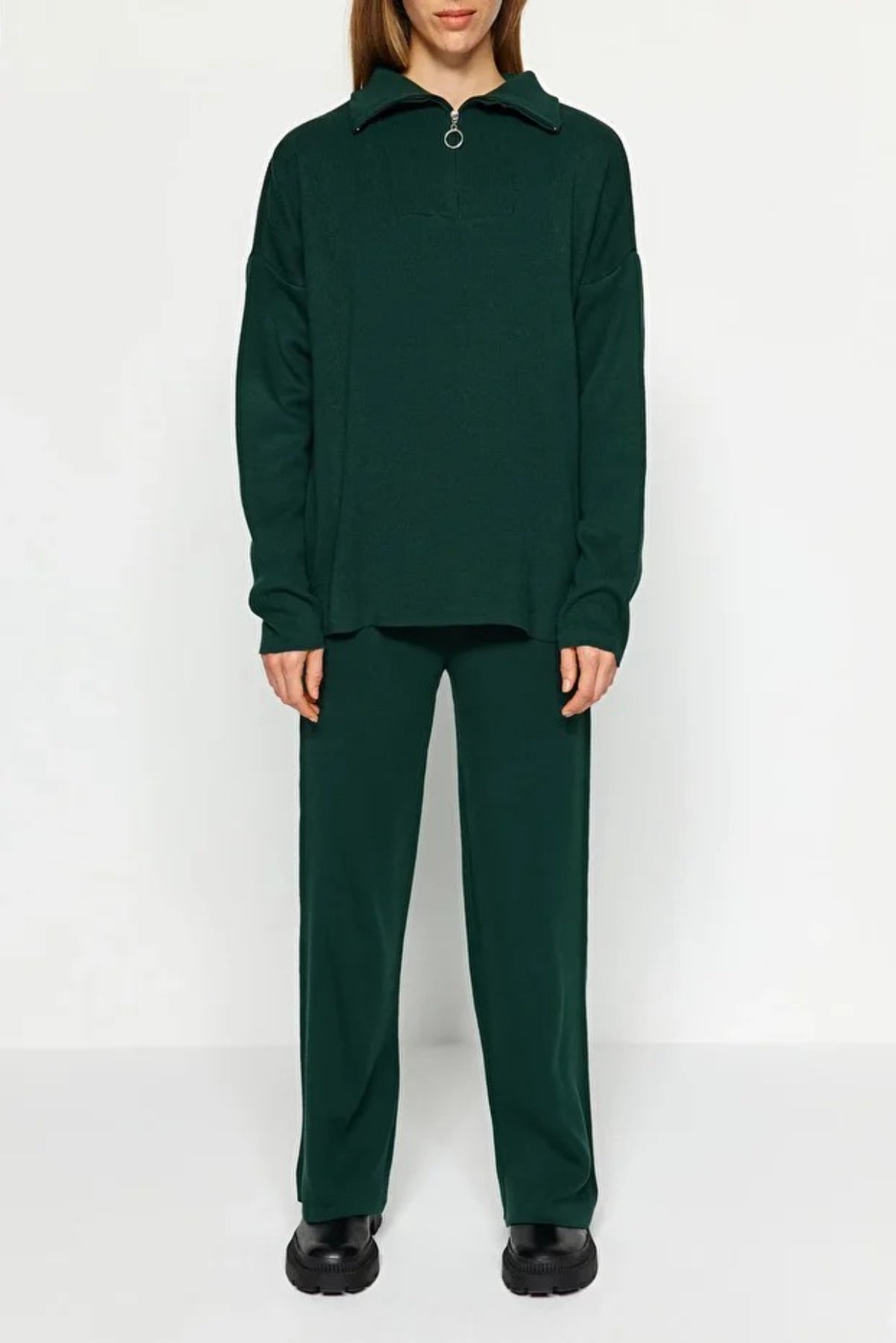 2-Piece Loose Fit Zip-Up Knit Top & Pants Set