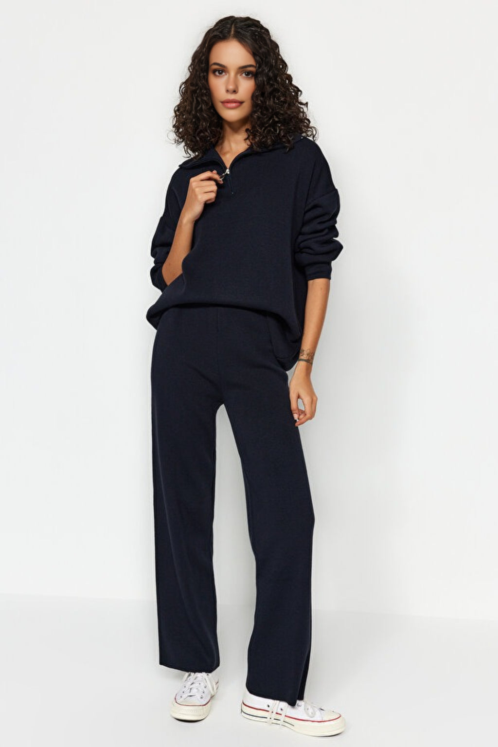 2-Piece Loose Fit Zip-Up Knit Top & Pants Set