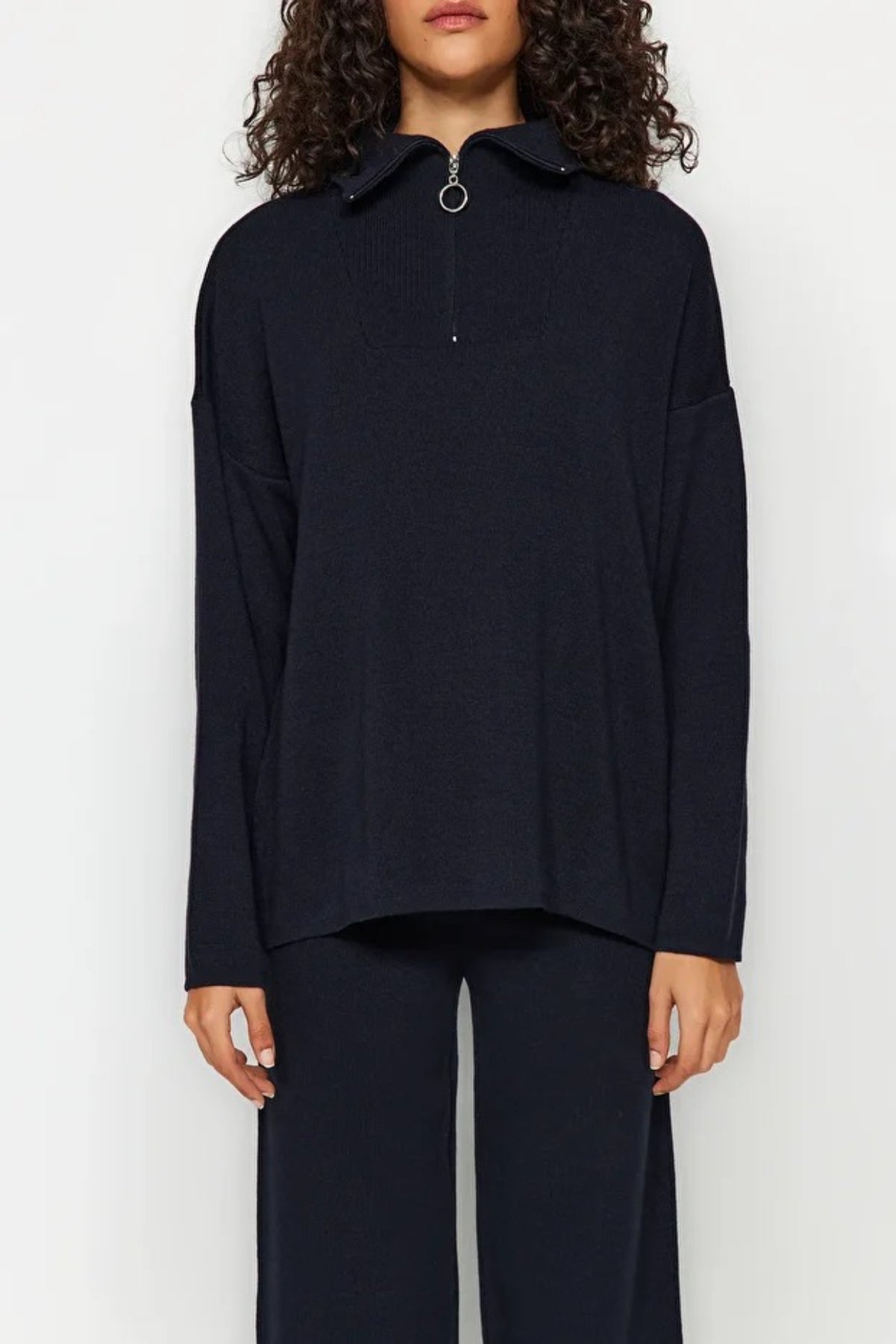 2-Piece Loose Fit Zip-Up Knit Top & Pants Set