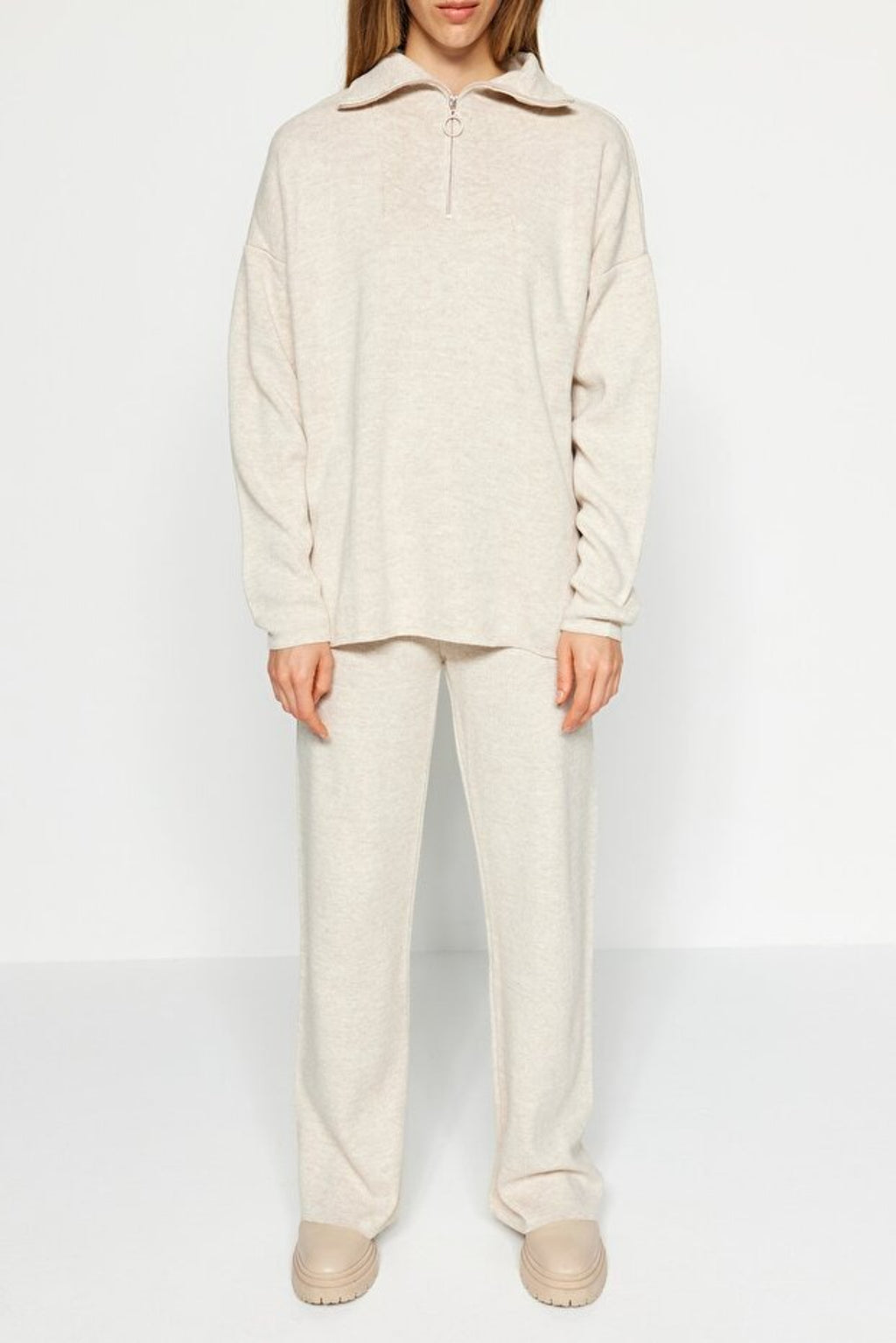 2-Piece Loose Fit Zip-Up Knit Top & Pants Set