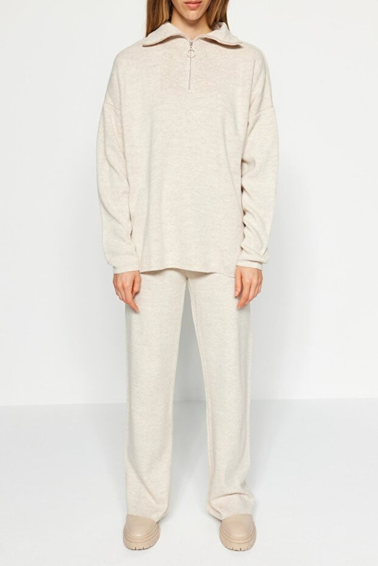 2-Piece Loose Fit Zip-Up Knit Top & Pants Set