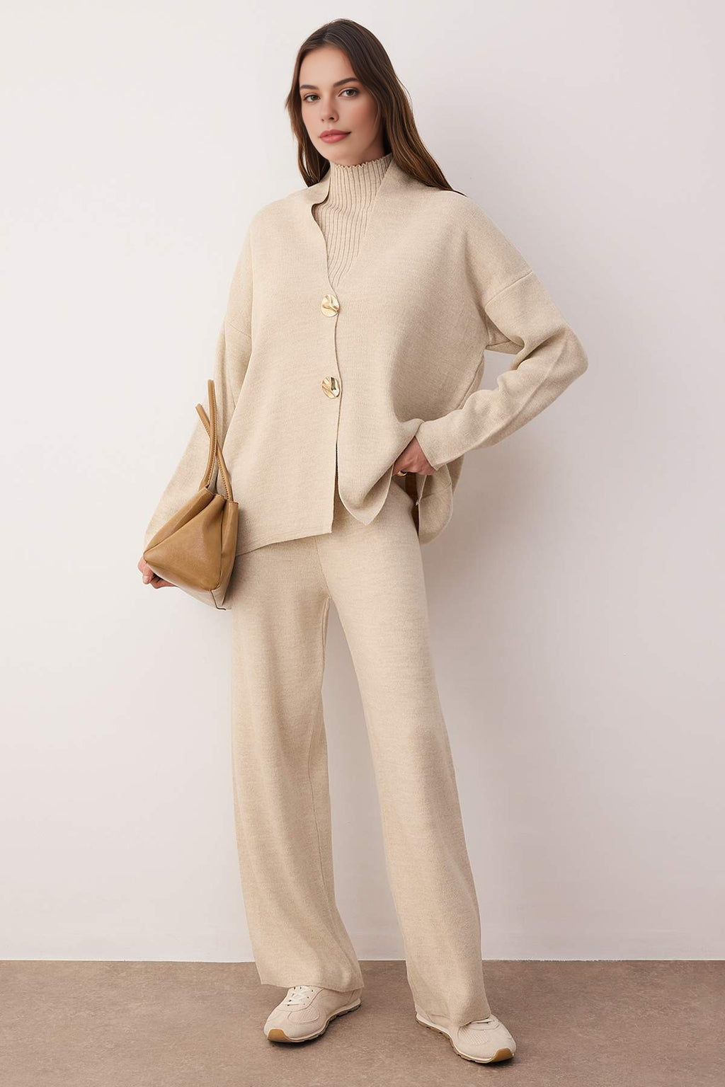 3-Piece Knit Cardigan, Top & Pants Set with Accessory Detail