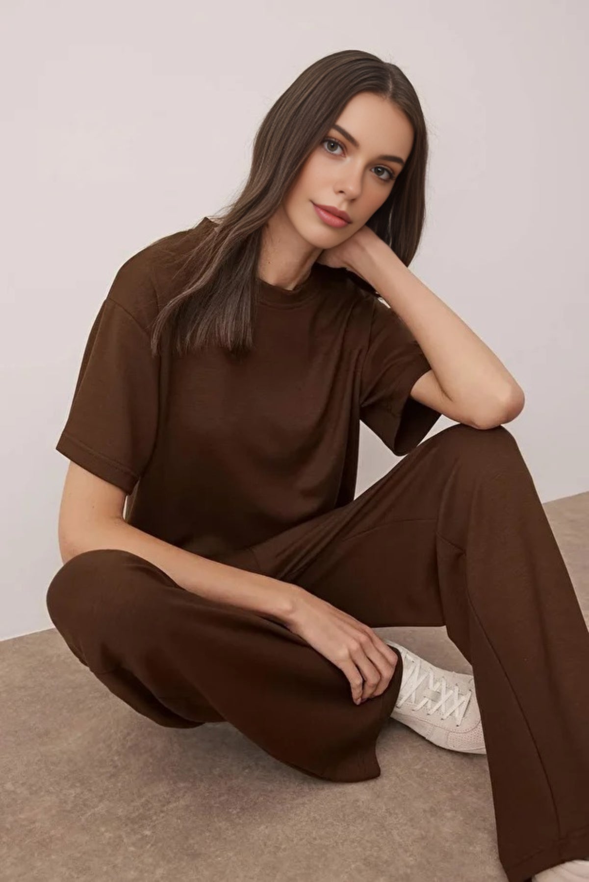 2-Piece Short Sleeve Crew Neck Relaxed Fit Stretch Knit Top & Pants Set