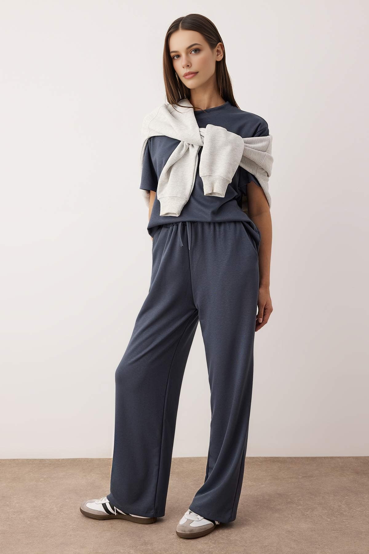 2-Piece Short Sleeve Crew Neck Relaxed Fit Stretch Knit Top & Pants Set