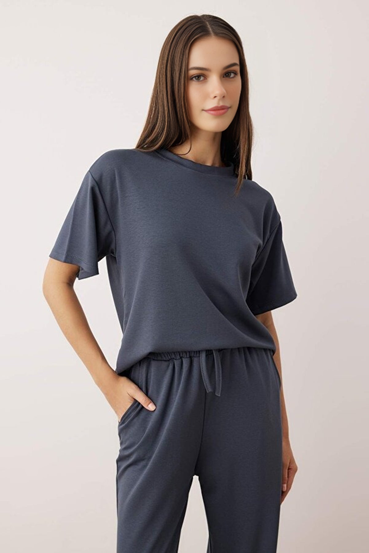 2-Piece Short Sleeve Crew Neck Relaxed Fit Stretch Knit Top & Pants Set
