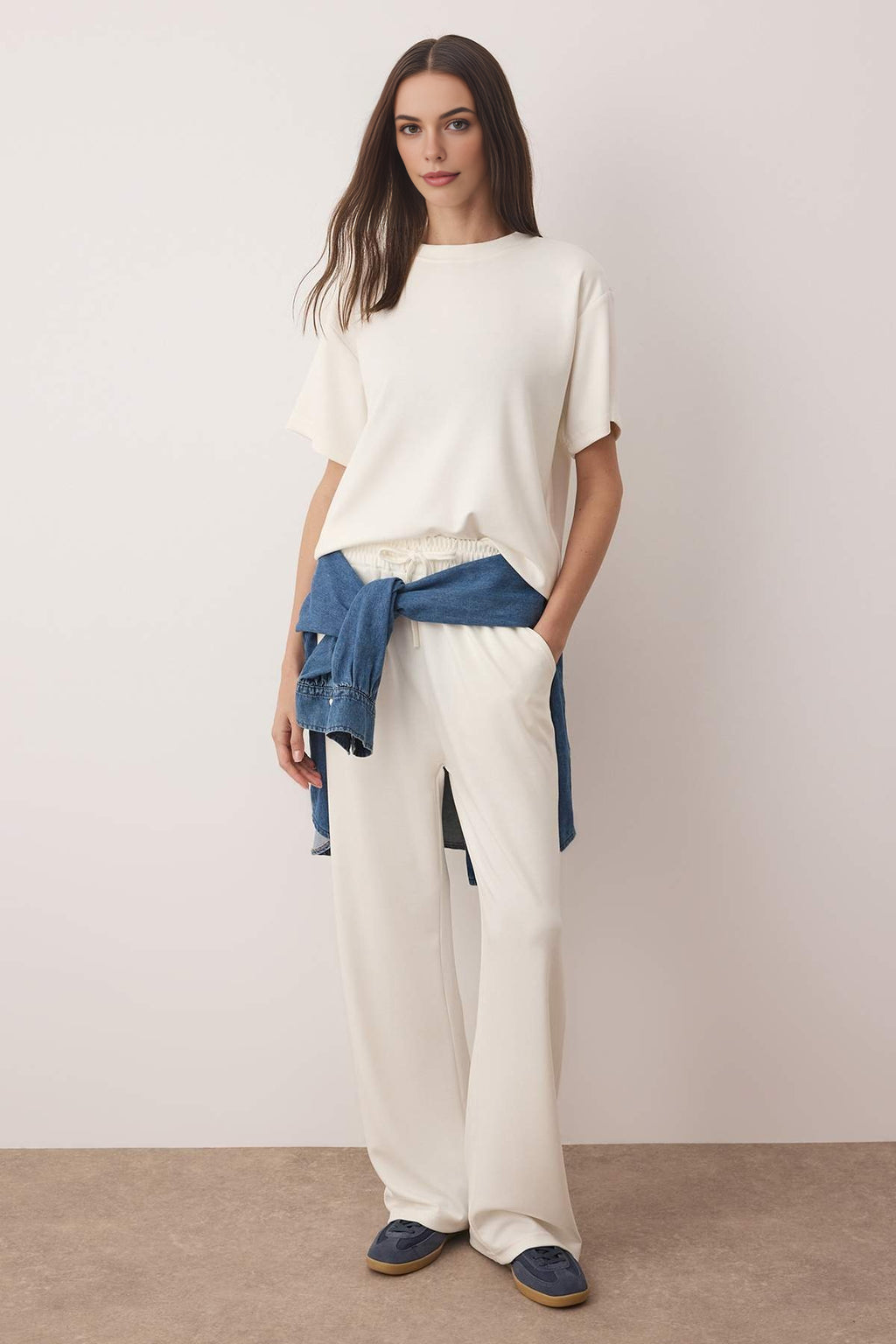 2-Piece Short Sleeve Crew Neck Relaxed Fit Stretch Knit Top & Pants Set