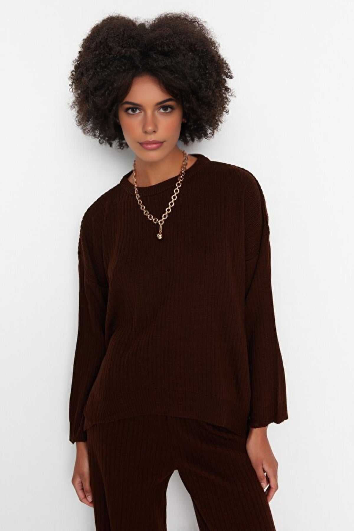 2-Piece Loose Fit Basic Ribbed Knit Top & Pants Set